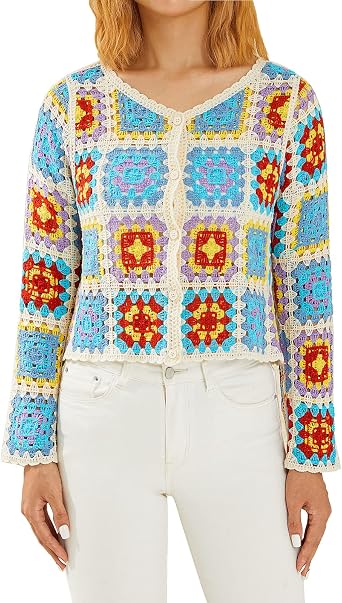 Womens Granny Square Knit Cardigan Crochet Square Print Long Sleeve Jumper V-Neck Button Hollow Out Knitwear Sweater