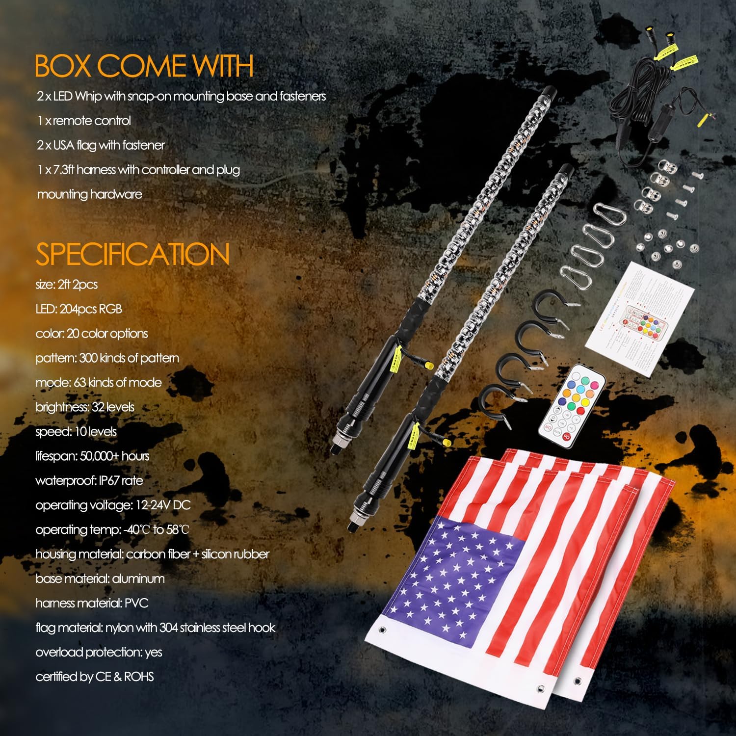 Nirider 2PCS 2ft LED Whip Lights with Flag Pole Remote Control Spiral RGB Chase Light Offroad Warning Lighted Antenna LED Whips for UTV, ATV, Off Road, Truck, Sand, Buggy Dune, RZR, Can-am, Boat