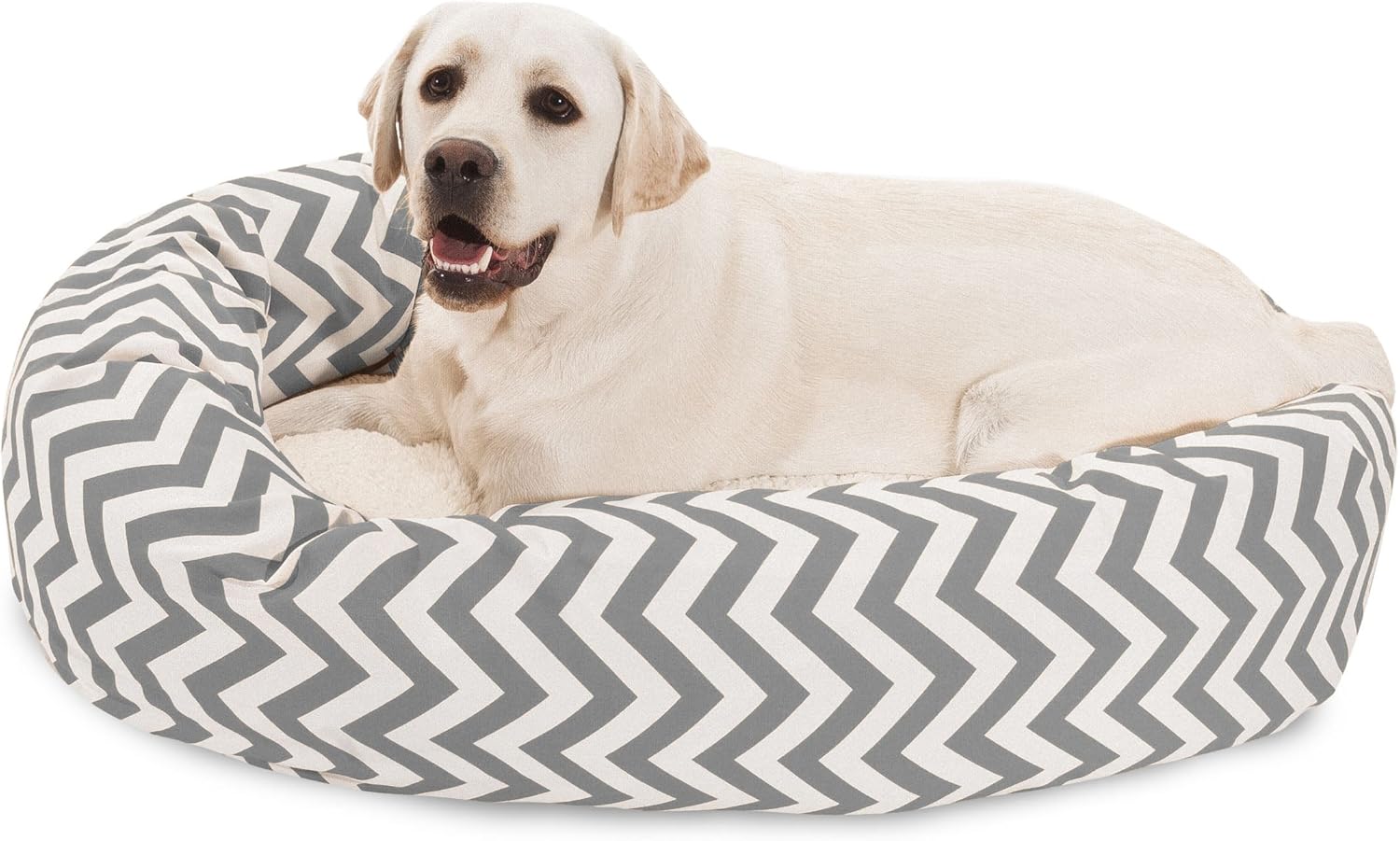 Majestic Pet 40 Inch Chevron Sherpa Calming Dog Bed Washable – Cozy Soft Round Dog Bed with Spine for Head Support - Fluffy Donut Dog Bed 40x29x9 (inch) – Round Pet Bed Large - GRAY