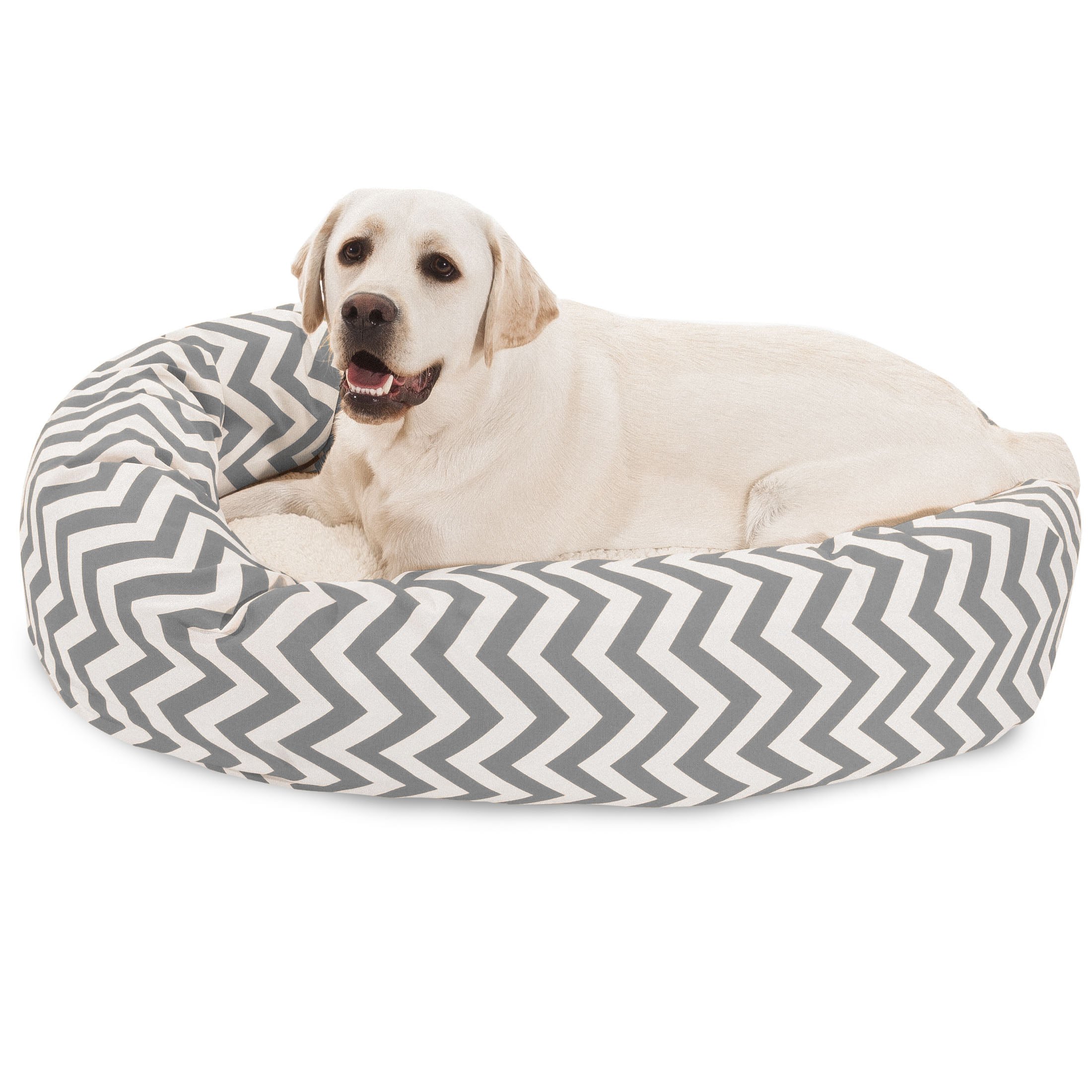Majestic Pet 40 Inch Chevron Sherpa Calming Dog Bed Washable – Cozy Soft Round Dog Bed with Spine for Head Support - Fluffy Donut Dog Bed 40x29x9 (inch) – Round Pet Bed Large - GRAY