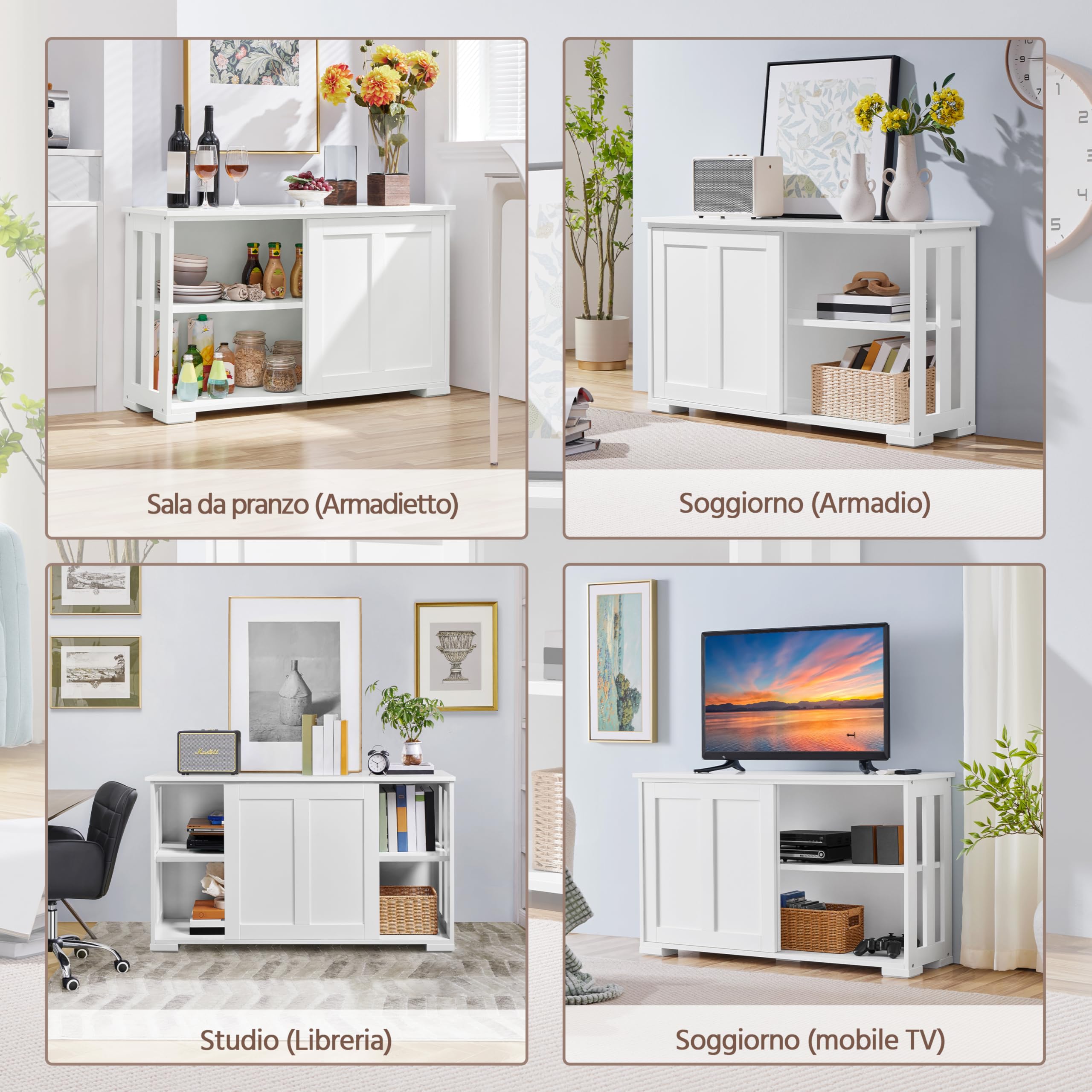 Yaheetech Credenza Mobile da Cucina Bianco con 2 Ante Scorrevoli Salvaspazio e Ripiano Regolabile in Legno Mobiletto TV da Salotto Soggiorno 106,7 x 33 x 63 cm