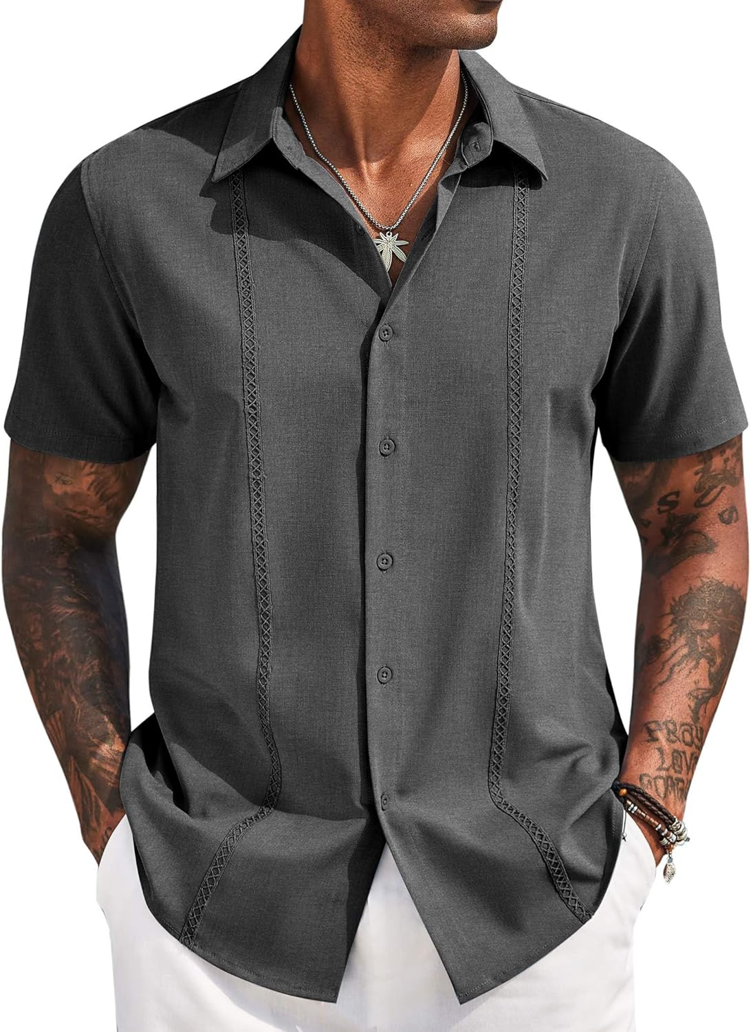COOFANDY Mens Cuban Guayabera Short Sleeve Shirt Casual Summer Beach Tops Button Down Untucked Shirts