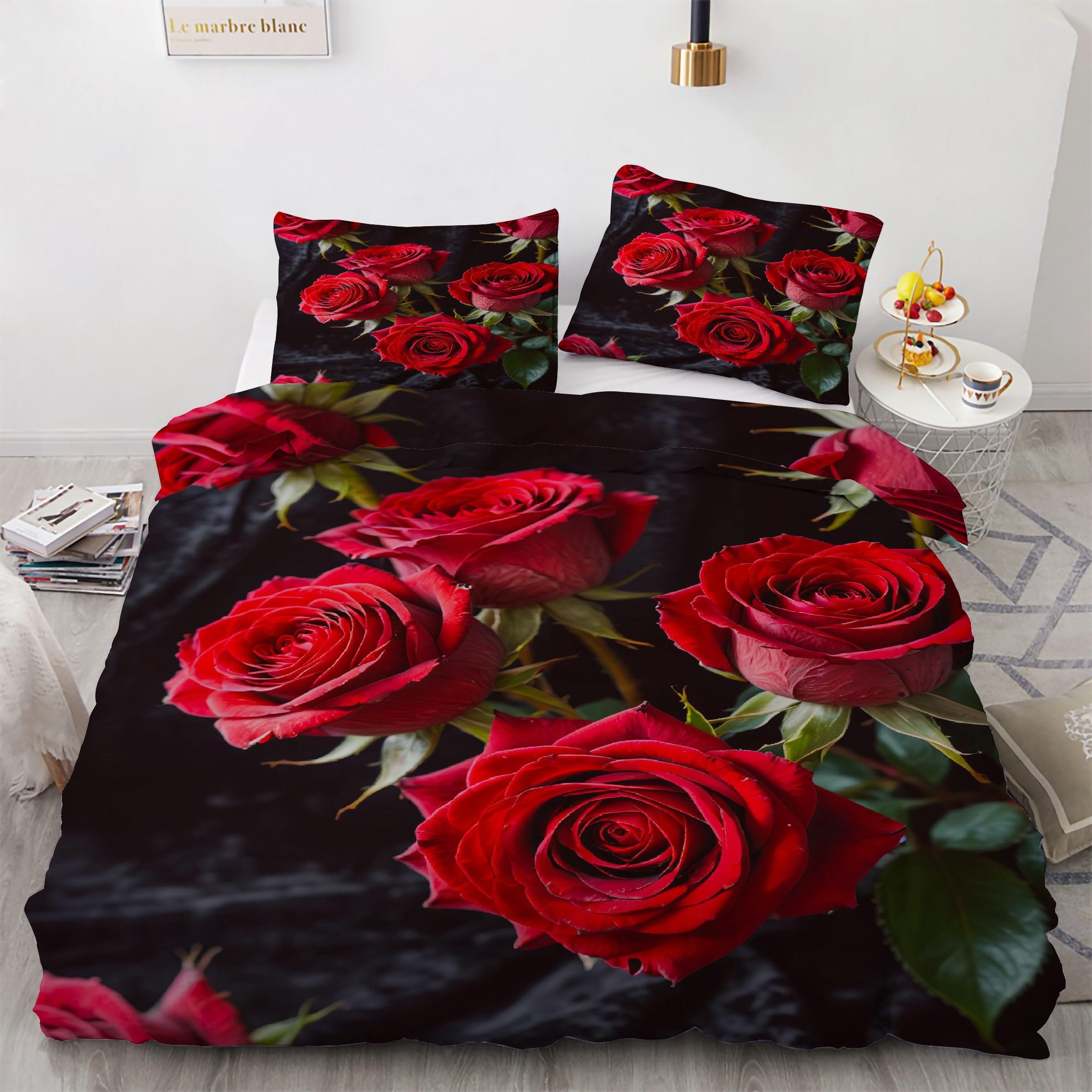 Housse de Couette 220x240 Rouge Rose Parure de Lit Ensemble Literie 3 Pièces