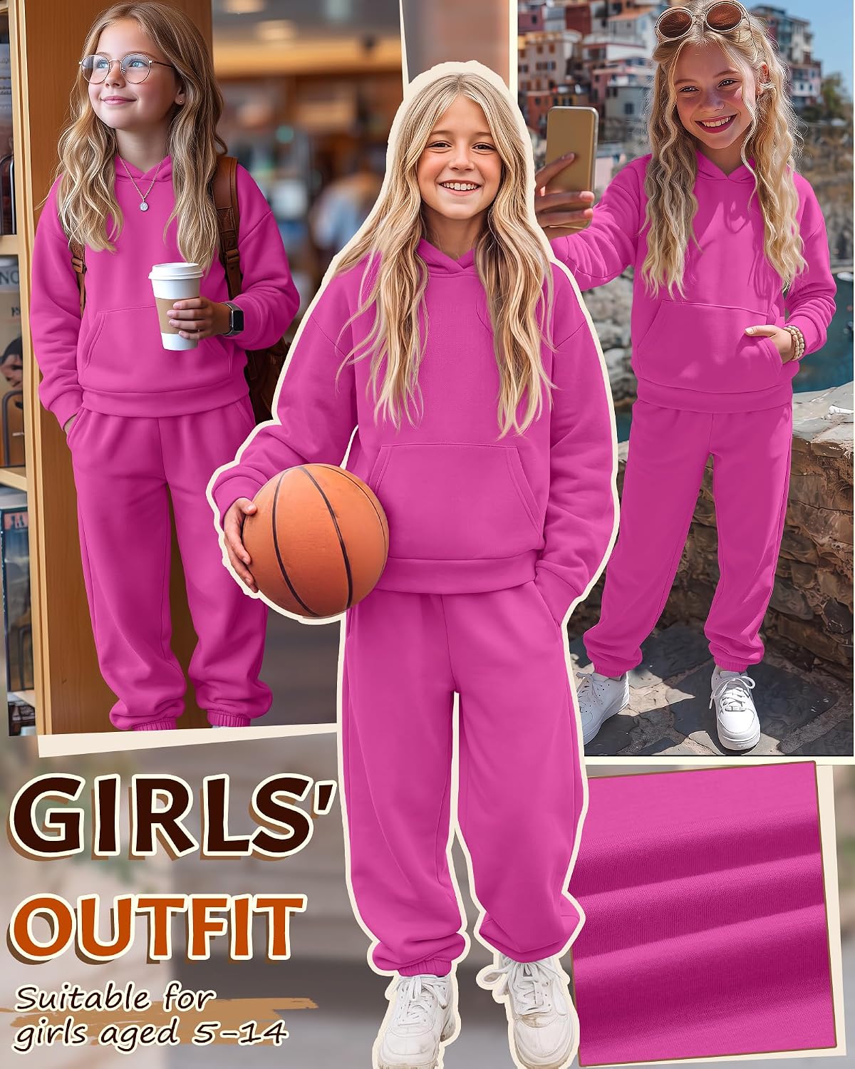 Girls 2 Piece Sweatsuit Set Long Sleeve Hoodie and Jogger Sweatpants with Pockets Hooded Outfits for Kids 5-14Years
