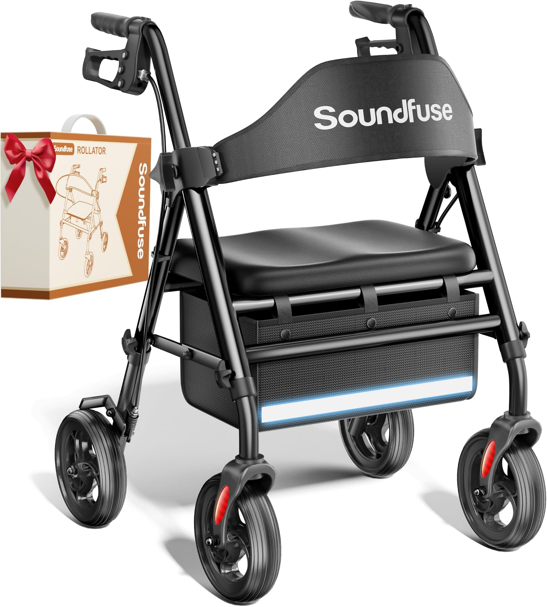 SOUNDFUSE Walkers for Seniors, Rollator Walker with Seat, 8" All Terrain Wheels, Double Support Bar, 16" Ergonomic Arc Seat and Comfortable Backrest, Dual Height Adjustable and Foldable Design