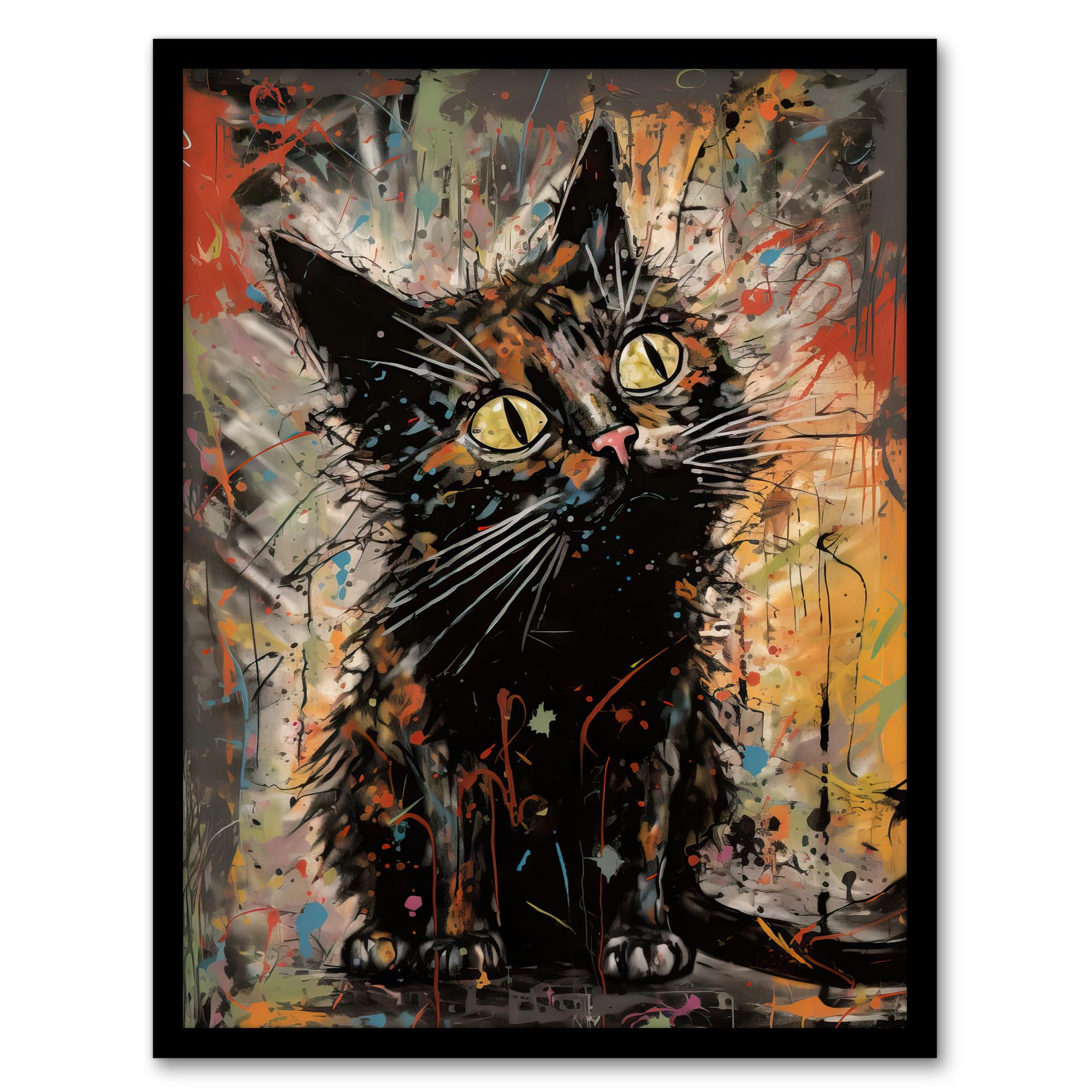 Artery8 The Curious Black Cat Painting By Tom Jones Artwork Framed Wall Art Print 18X24 Inch