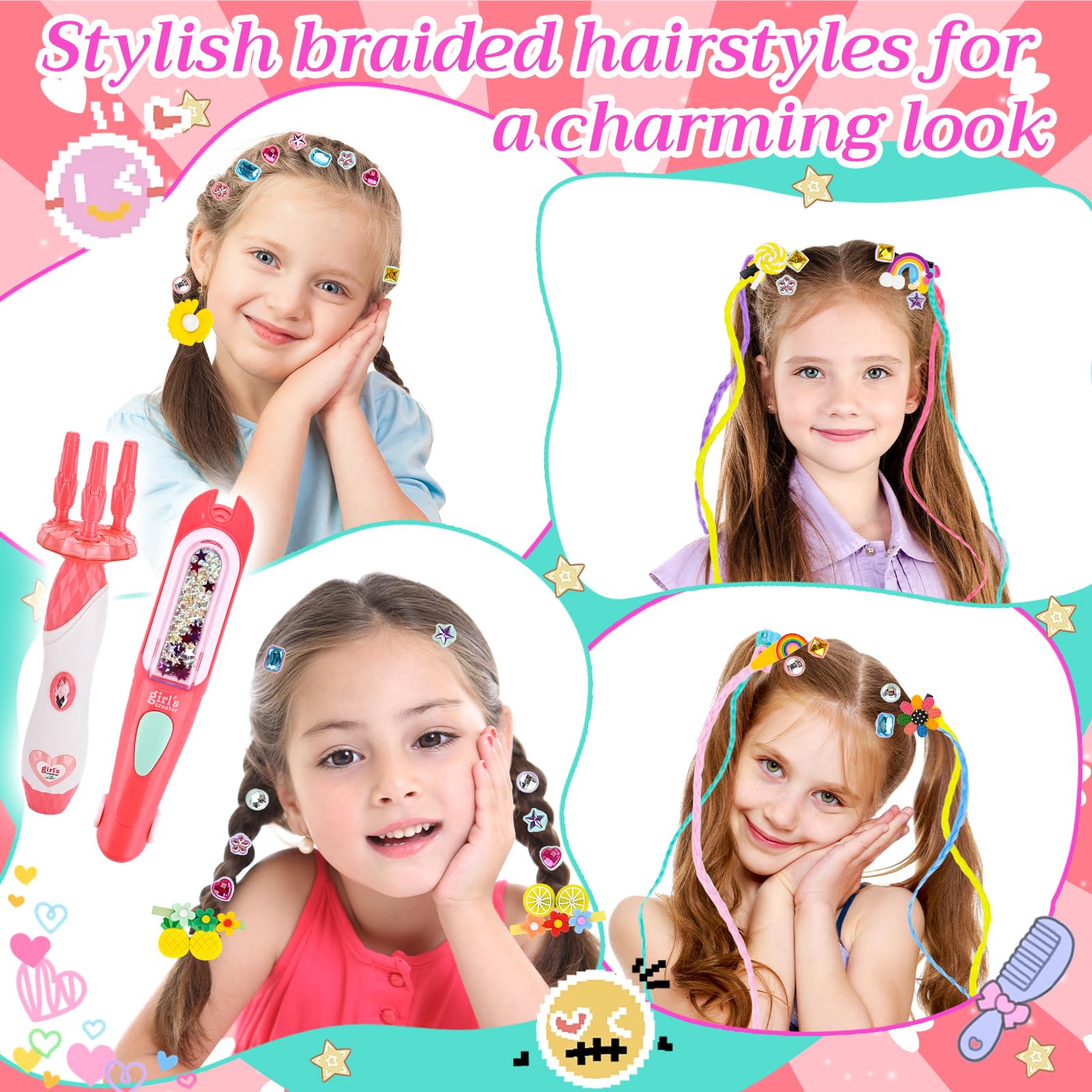 Kit De Trenzado De Pelo Para Niñas 5-10 Años – Máquina 2 En 1 Con Diamantes Y Accesorios Coloridos Para Peinados Únicos