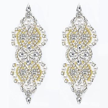 2 Pieces Rhinestone Applique, Crystal rhinestone applique, Rhinestone Applique Embellishments, Handmade Rhinestone Applique, Sew on Rhinestone Applique for DIY Clothes4.72x1.57 Inch