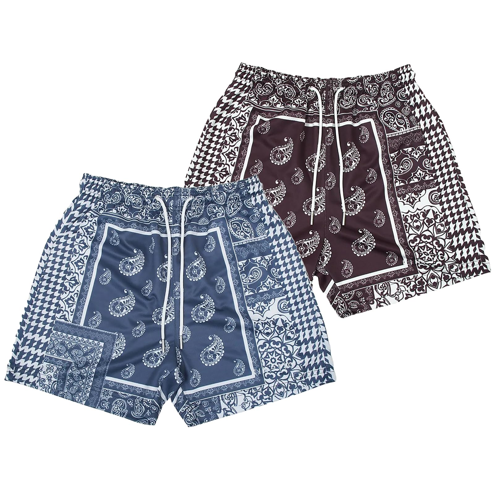 MECH-ENG Men's Paisley Shorts (2 Pieces) Mesh Graphic Bandana Print Boho Summer Beach Lightweight Drawstring Shorts