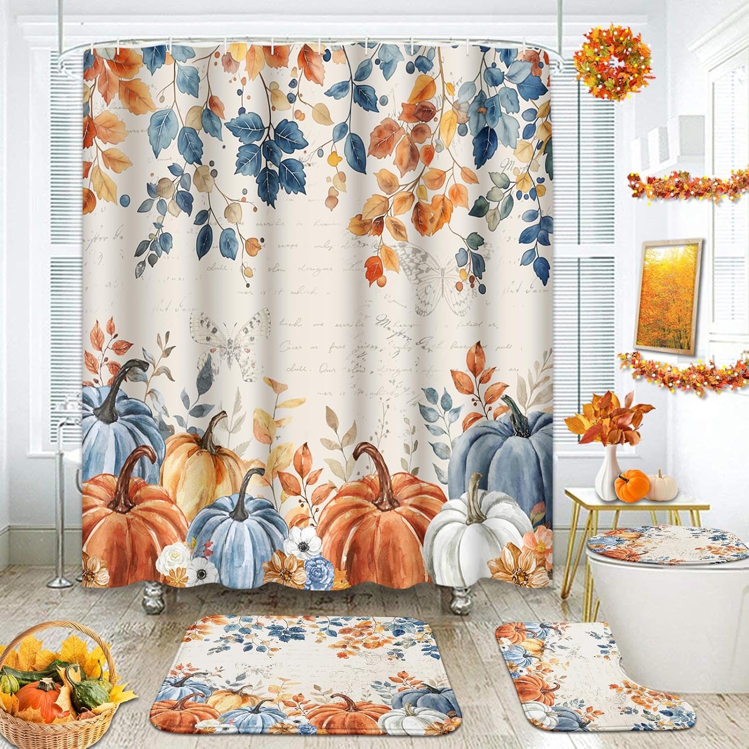ArtSocket Fall Bathroom Sets with Shower Curtain and Rugs, Autumn