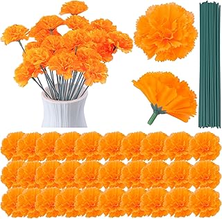 Lot de 30 fleurs de calendula artificielles en soie orange avec tiges en fer pour décoration de Diwali, fête d'Halloween, guirlande de fête des morts, décoration de mariage