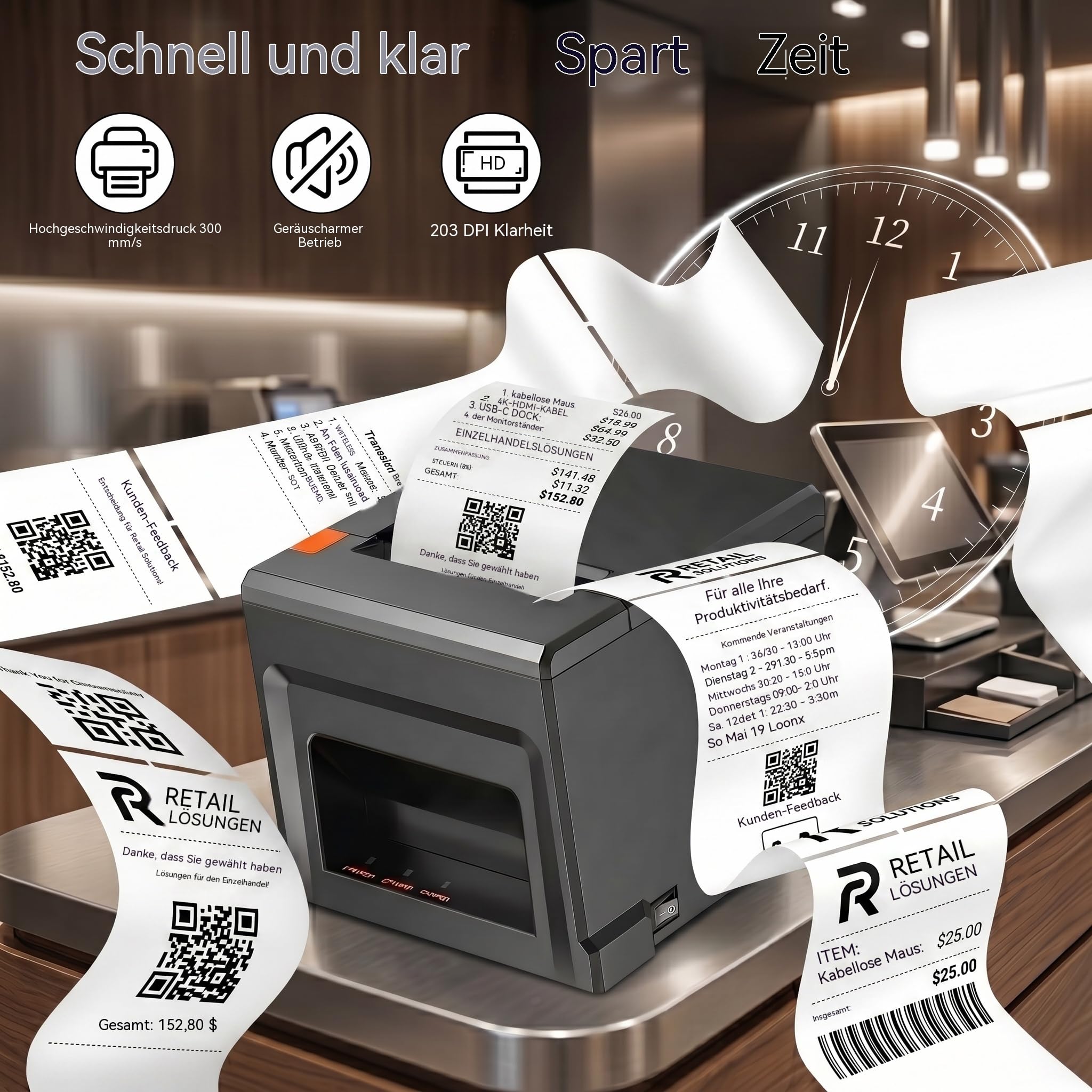 Thermodrucker 80mm Mobiler Einsatz, USB & Bluetooth, 300mm/s, Nur für Windows/Mac, Inkl. 5 Rollen + 58mm Adapter