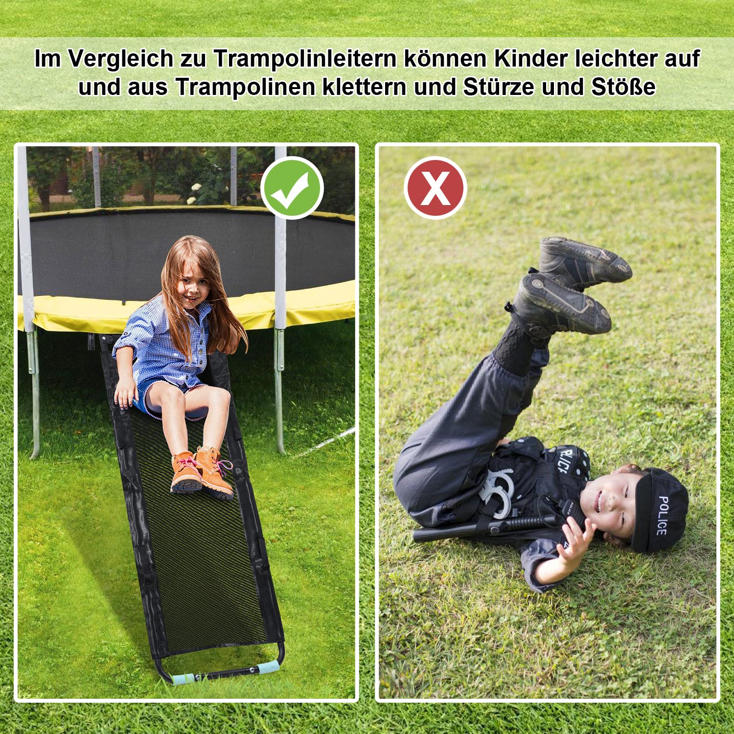 Gimisgu Zjeżdżalnia do trampoliny 150 cm, łatwy montaż, bezpieczna drabinka, wystarczająco szeroka, uniwersalne akcesoria do trampoliny dla dzieci, obciążenie 100 kg