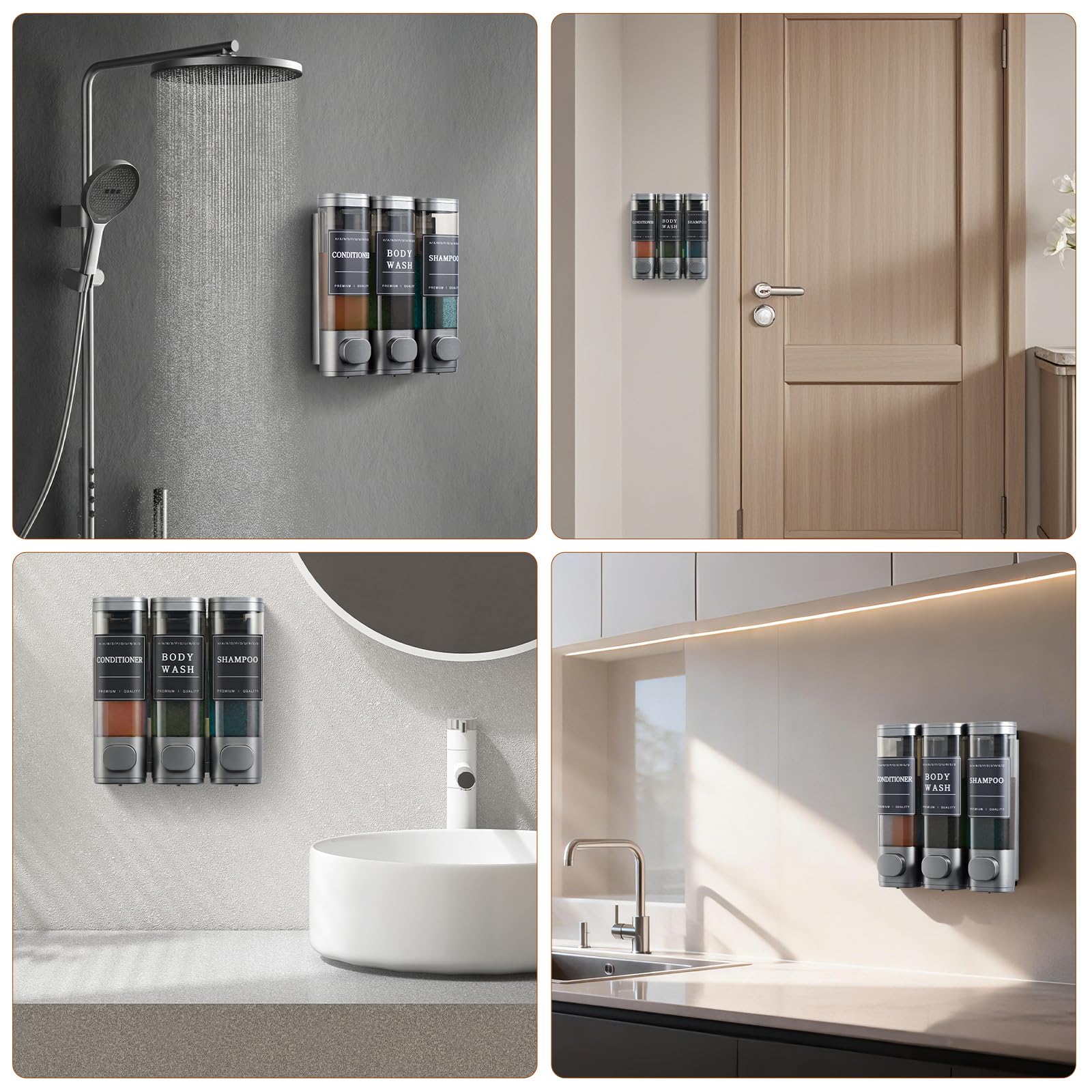 Dispenser per shampoo e balsamo, dispenser di sapone da doccia a 3 camere, senza trapano, dispenser per shampoo a parete per doccia, per bagno e hotel, grande capacità, grigio scuro