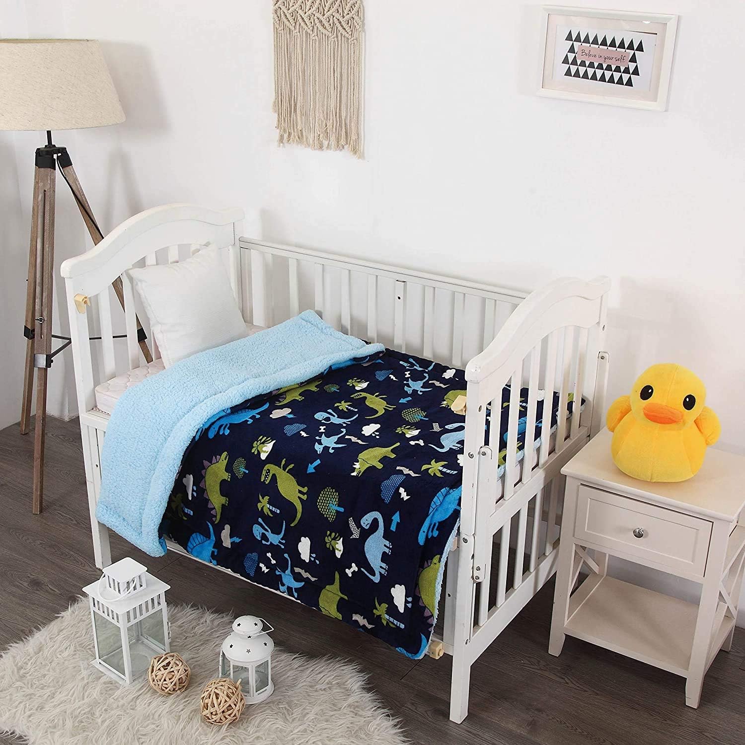 Fancy Linen Faux Fur Flannel Soft Baby Boys Kids Throw Blanket with Sherpa Backing Warm and Cozy Stroller or Toddler Bed Blanket 40"x 50" Dinosaur Blue Navy Blue Green New