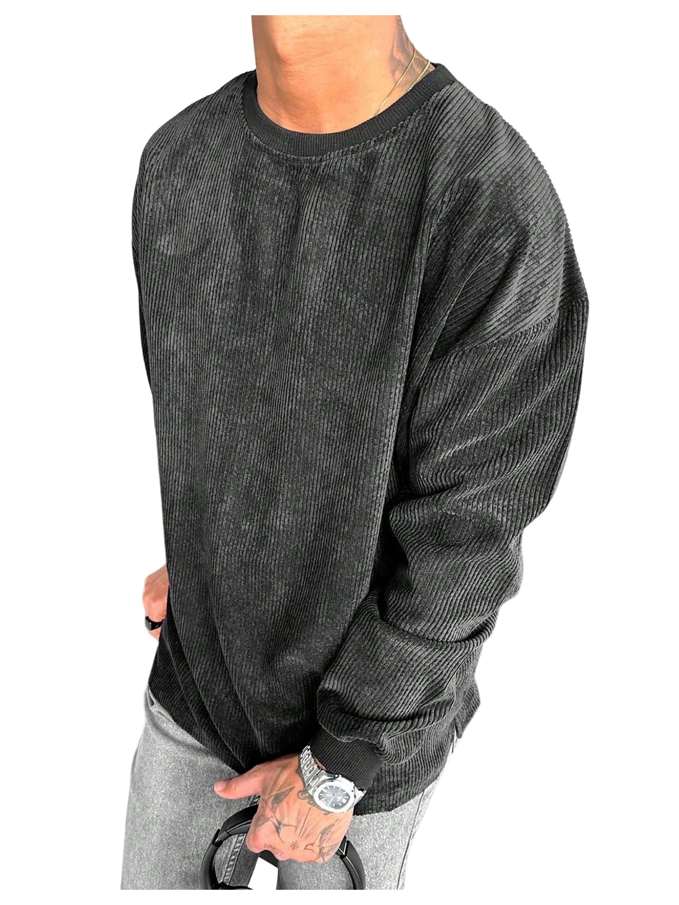 Men's Corduroy Sweatshirt Long Sleeve Crew Neck Casual Pullover Tops for Fall Winter