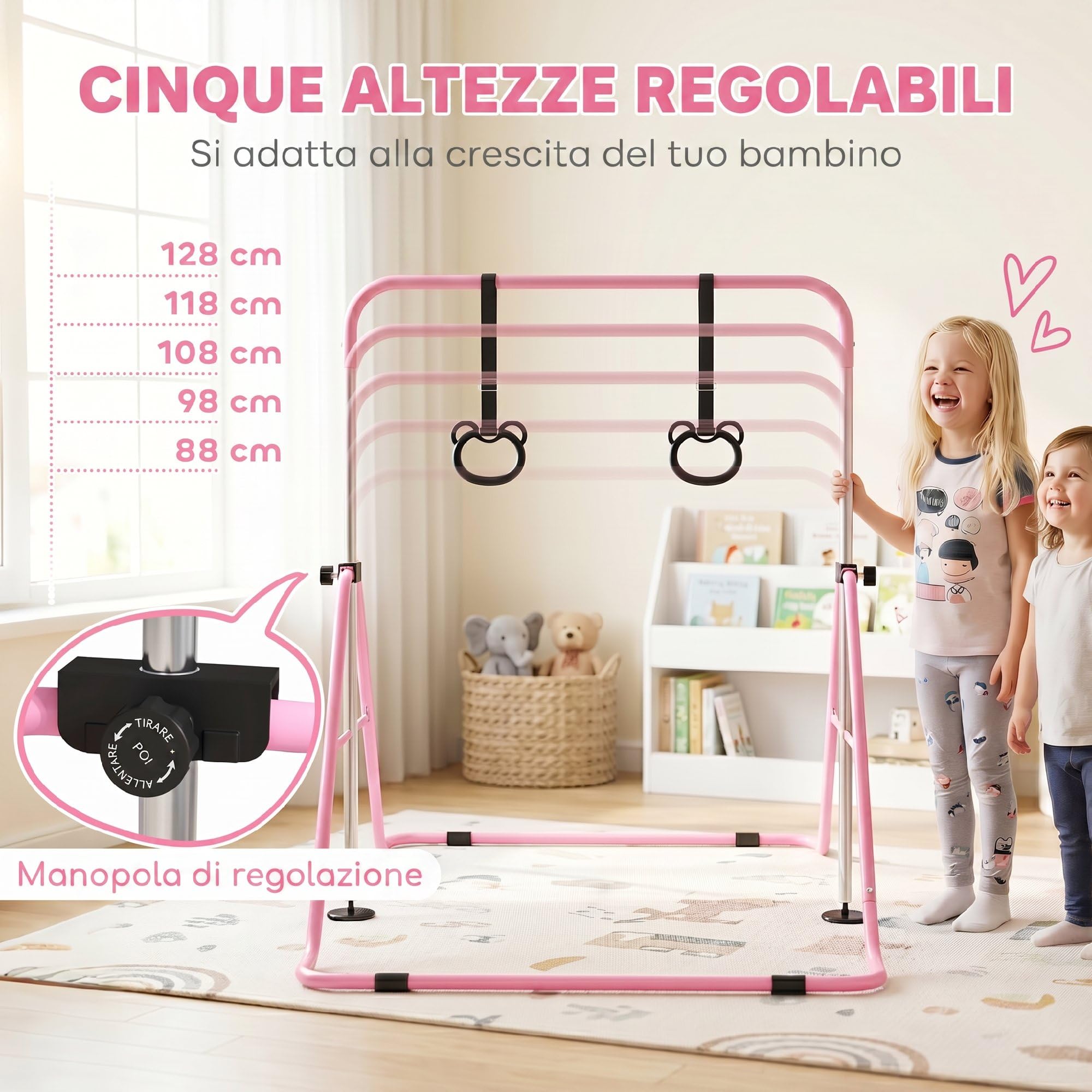 HOMCOM Sbarra Ginnastica Artistica da Casa Pieghevole per Bambini 3+ Anni, Attrezzatura da Allenamento ad Altezza Regolabile con 2 Anelli e Tappetini Antiscivolo