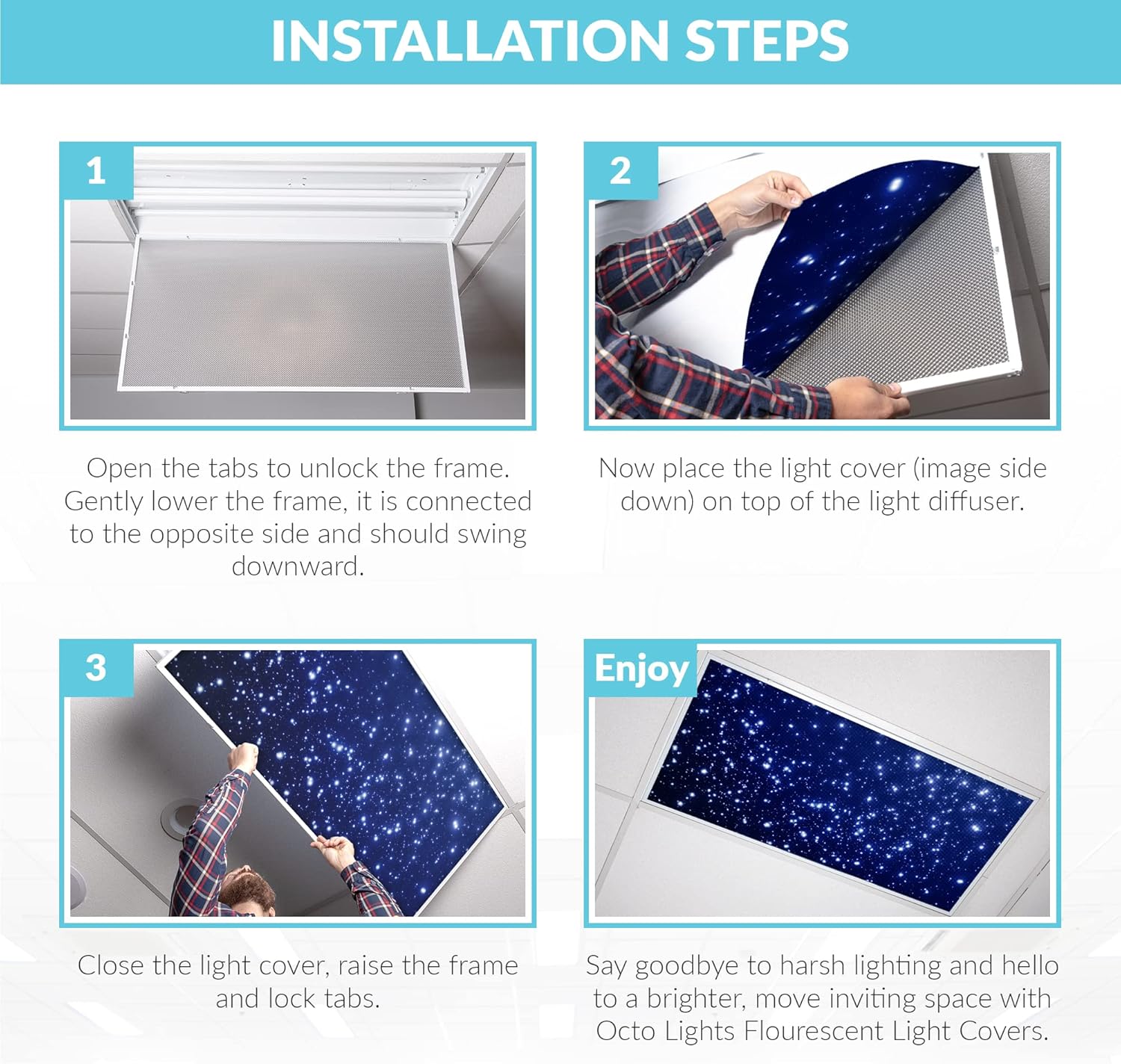 Fluorescent Light Cover for Classroom Ceiling Lights - Premium Backlit Film Insert 2x4 (22.38"x46.5") Florescent Fixture (Pack of 1) School, Office, Sensory, Improve Focus, Eliminate Headaches - Star