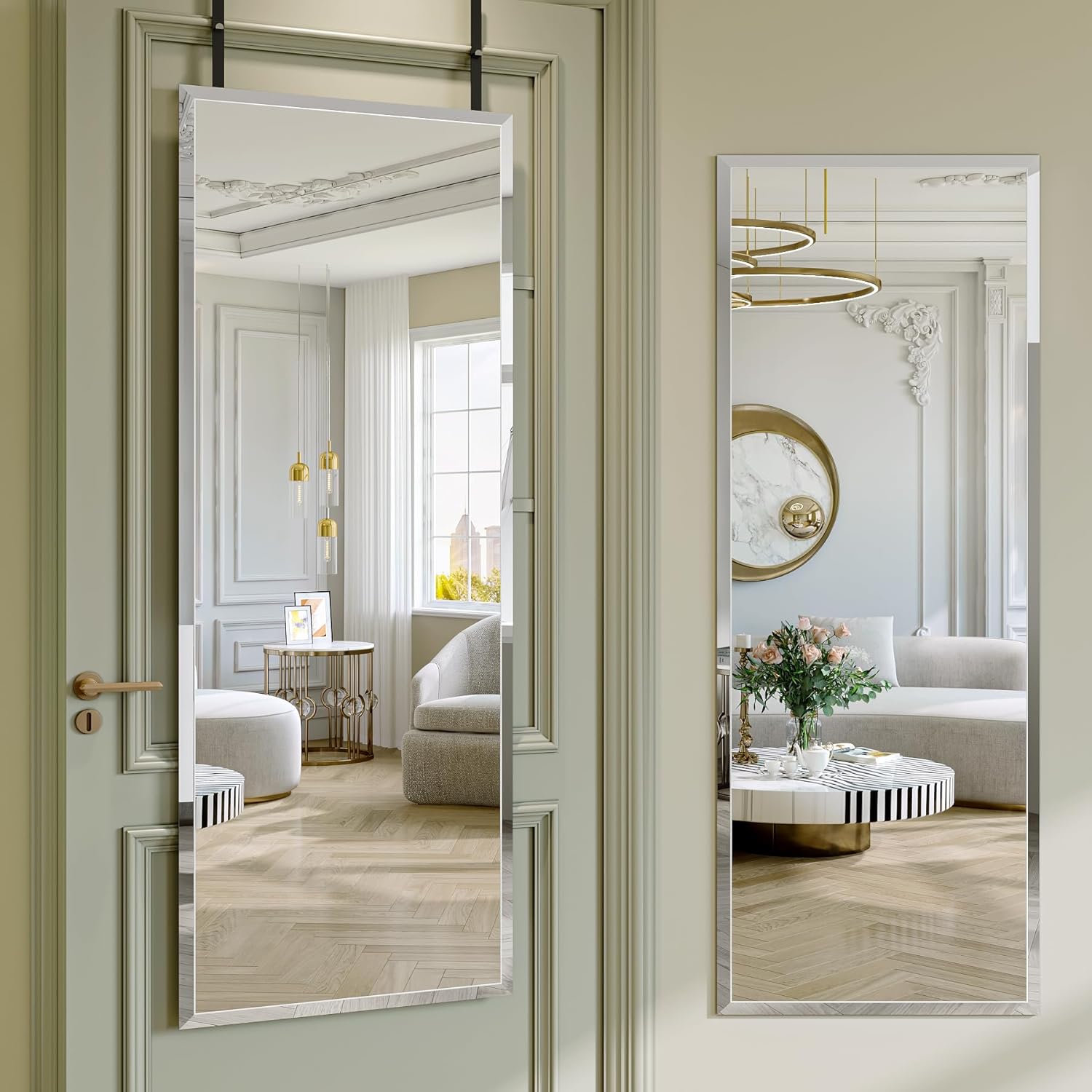 Frameless Door Mirror Full Length, 56 x 21 Inch Frameless Beveled Full Body Wall Mirror Over the Door Hanging Mirror for Bedroom, Living Room, Cloakroom