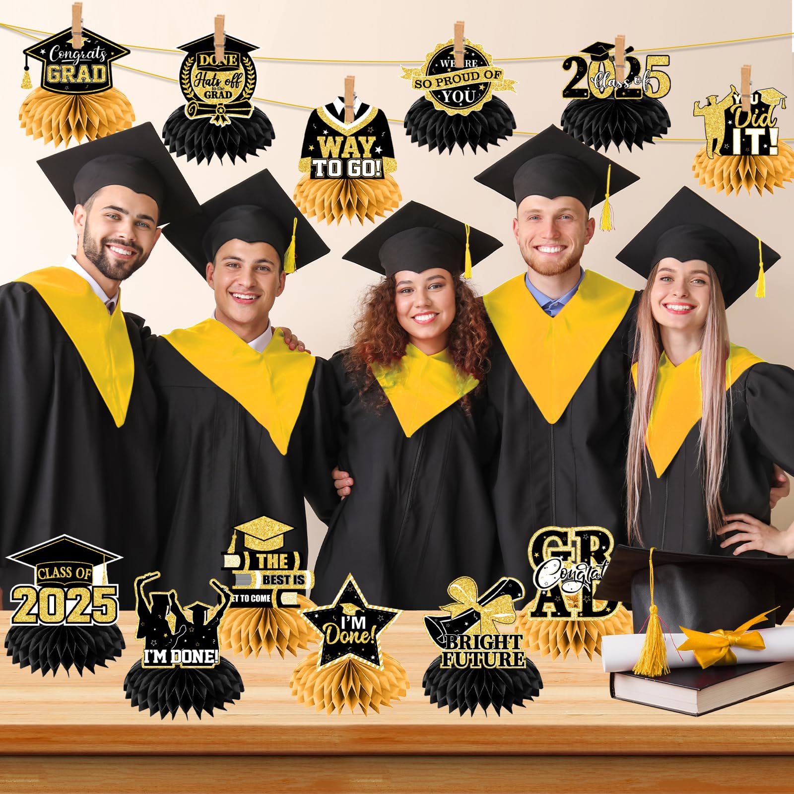 12Pcs Black and Gold Graduation Decorations Hoenycomb Centerpieces, 2025 Glitter Graduation Decorations Black and Gold Graduation Table Decorations Congrats Grad Class of 2025 Graduation Table Toppers