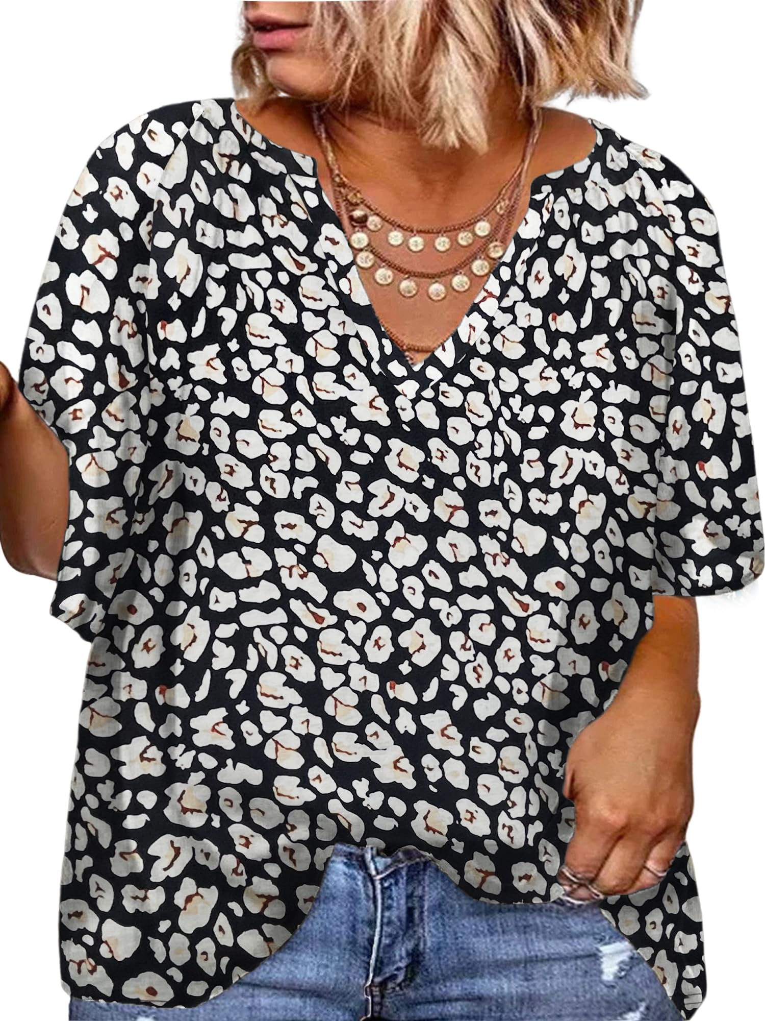 HDLTE Womens Plus Size Tops Floral Bell Sleeves Blouses Summer O Neck Tunic Tees Loose Casual T Shirts,1X-4X