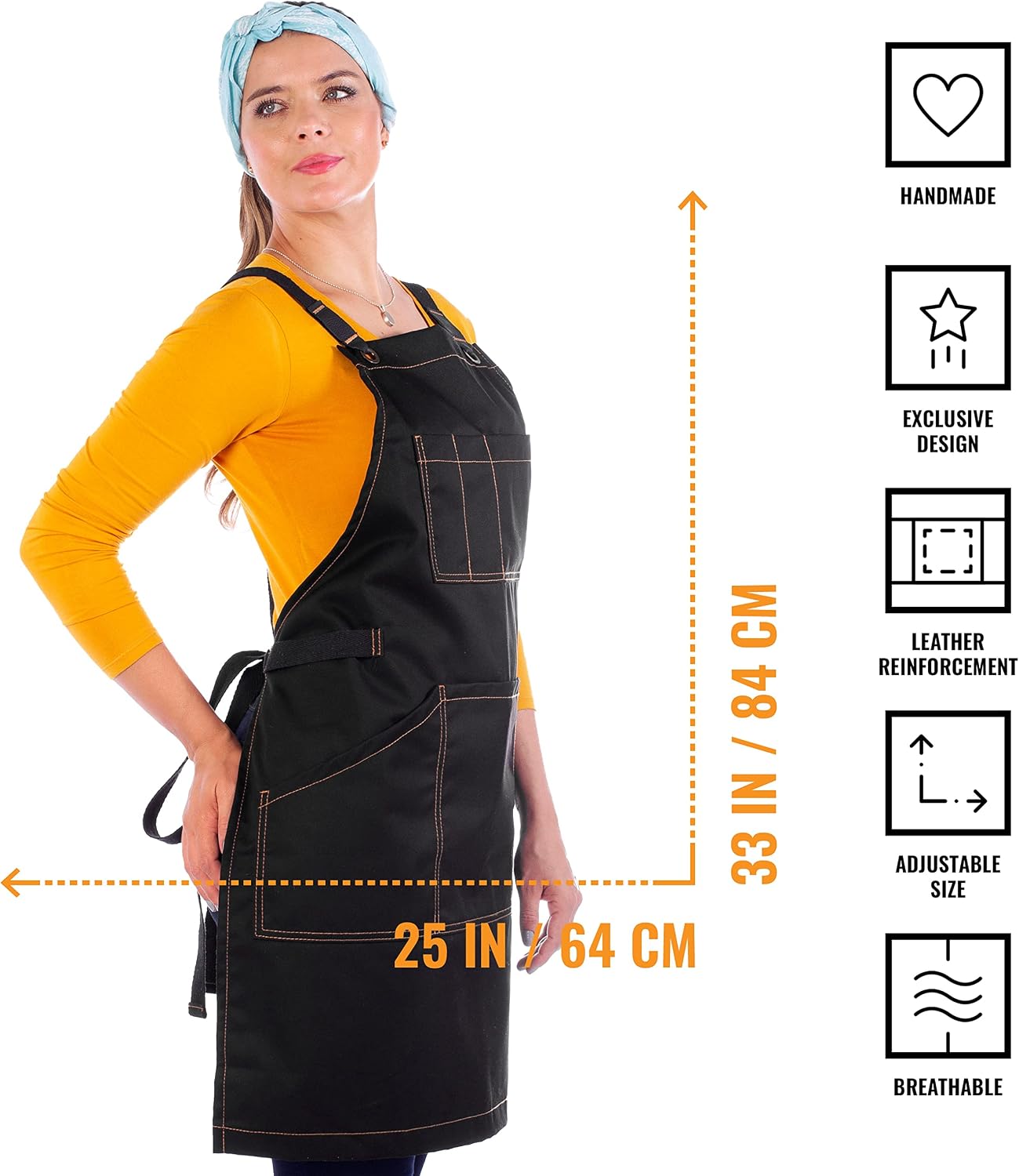Under NY Sky Essential Deep Black Apron – Cross-Back with Durable Twill and Leather Reinforcement – Adjustable for Men and Women – Pro Chef, Tattoo Artist, Baker, Barista, Bartender, Server Aprons