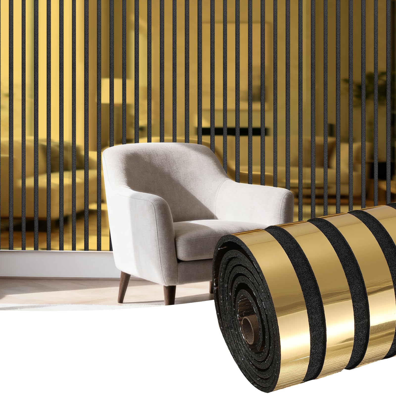 Camiraft 6mm Thick Acoustic Wall Panels, Peel and Stick Wall Panels for Soundproofing, 3D Golden Mirror Wallpaper Stripe Slat Wall Panelling for Living Room Bedroom Office (3 Roll=3.6㎡)