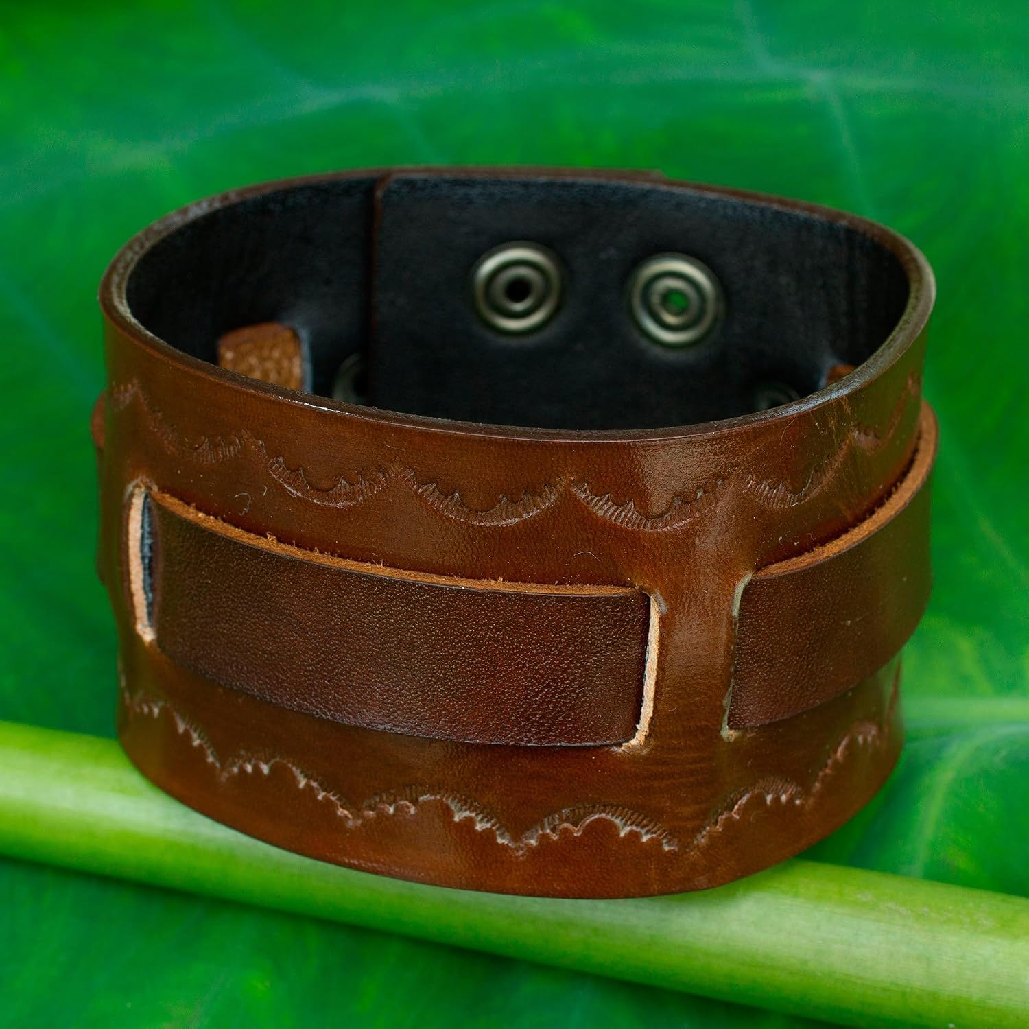 NOVICA Artisan Handmade Men's Leather Wristband Bracelet Tooled Brown for Thailand [8.75 in min L x 9.5 in max L x 1.8 in W] ' Western Brown'