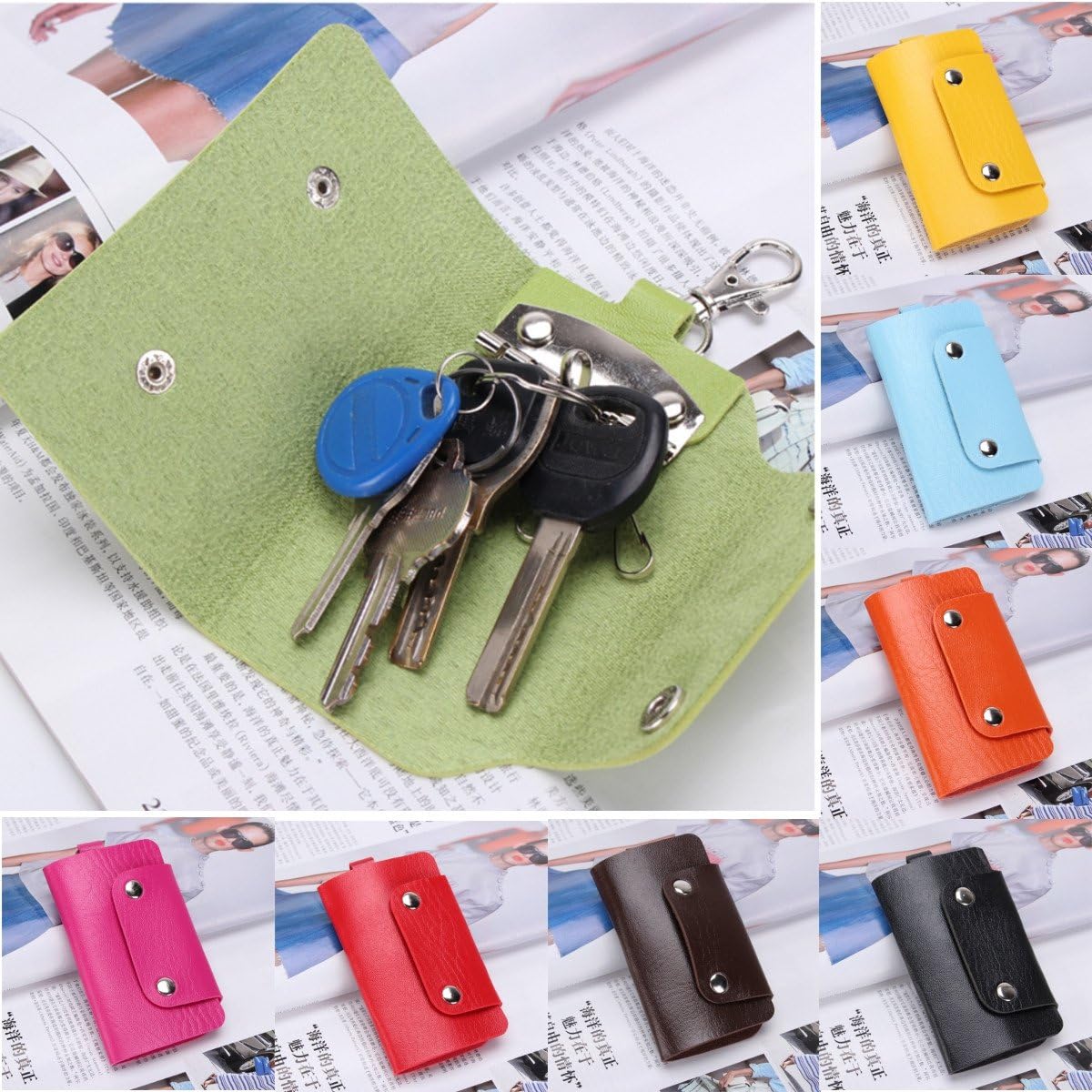Handy PU Leather Keychain Pendant Credit Card Holder Buckle Case Wallets Purse Organizer Storage Bag (Random: Color)
