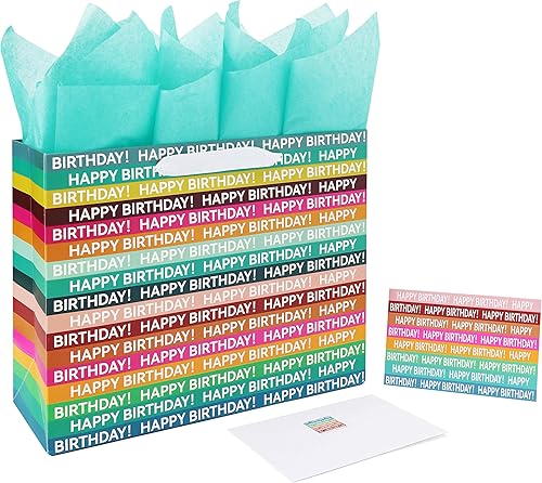 Juego de bolsas de regalo grandes y coloridas de 13 pulgadas con tarjeta de felicitación y papel de seda (rayas coloridas y feliz cumpleaños) para