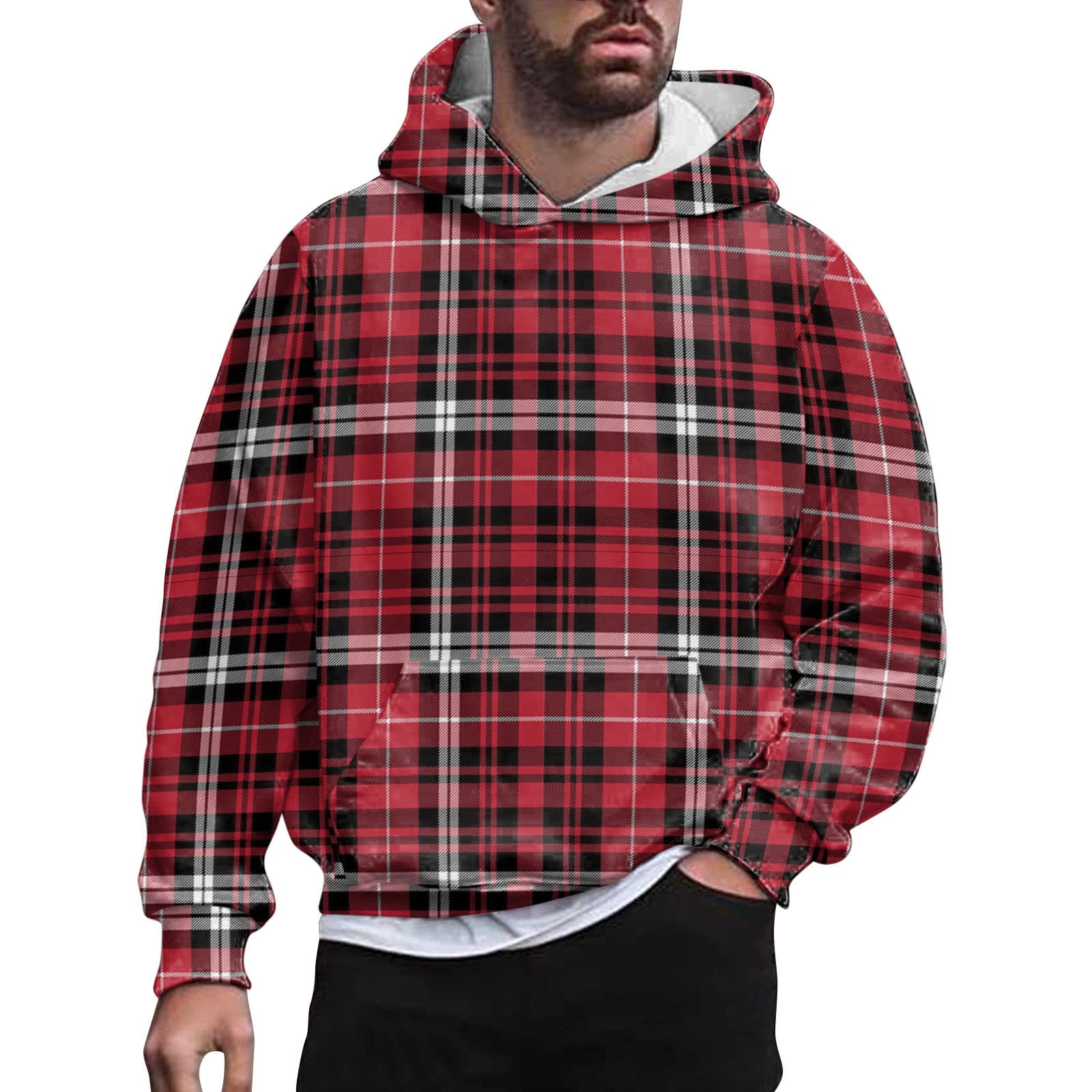 Pull à capuche à manches longues pour homme avec imprimé écossais ajusté - 5