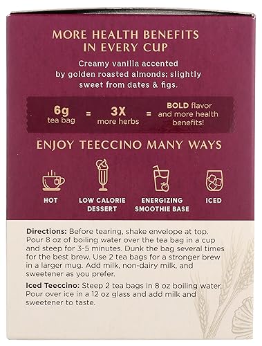 Miniatura 6 de Teeccino Té de hierbas de nuez de vainilla, té de hierbas rico y tostado sin cafeína y prebiótico para energía natural, 10 bolsas de té