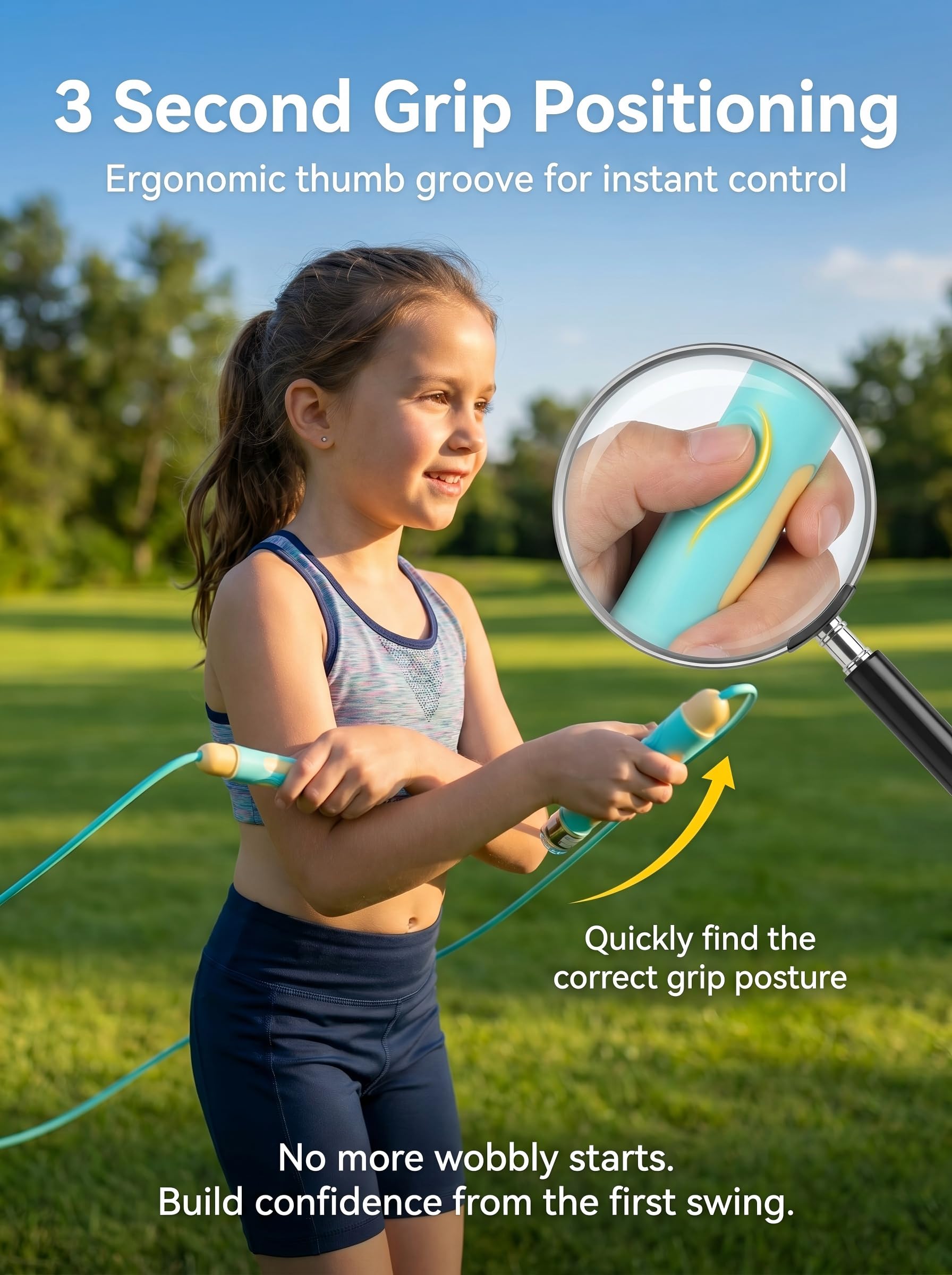 YUEDONG Kinder-Springseil mit zwei Lagern, verstellbares PVC-Seil, Daumengriffrille, Anti-Verheddern, Springseil für Jungen und Mädchen, PE-Training