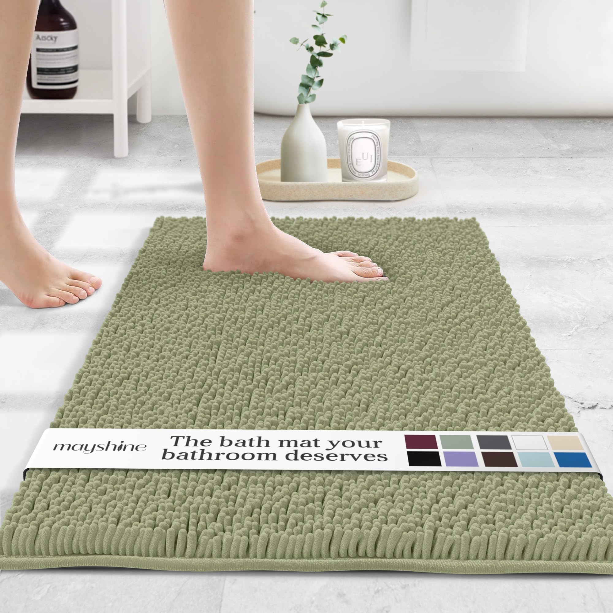 MAYSHINE Large Plush Shaggy Chenille Bath Mat 39"x24" Extra Soft, Super Absorbent, Non-Slip Bathroom Rug | Fluffy Microfiber, Area Rug Sets for Bathroom Floor, Kitchen, Living Room | Sage Green