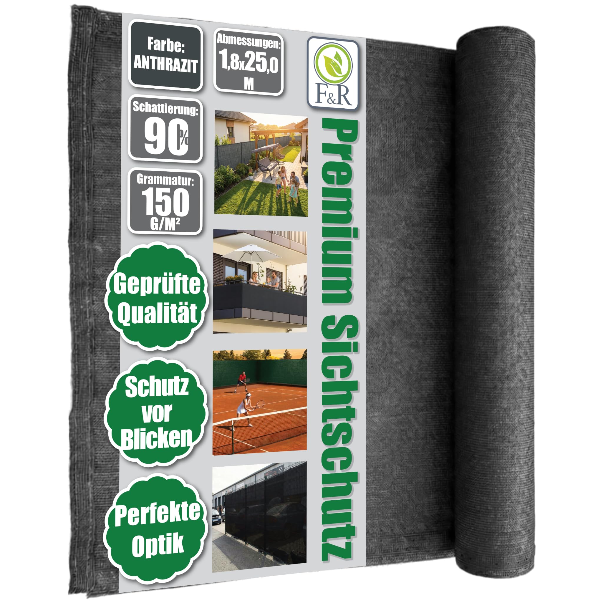 F & R Sichtschutz Garten Zaunblende I Sichtschutz Zaun I Schattiernetz Antrazit PE 1,8m x 25m 150g/m² I Sichtschutzmatte Für Zaun Gartenzaun Gartensichtschutz UV-Stabil Wetterfest