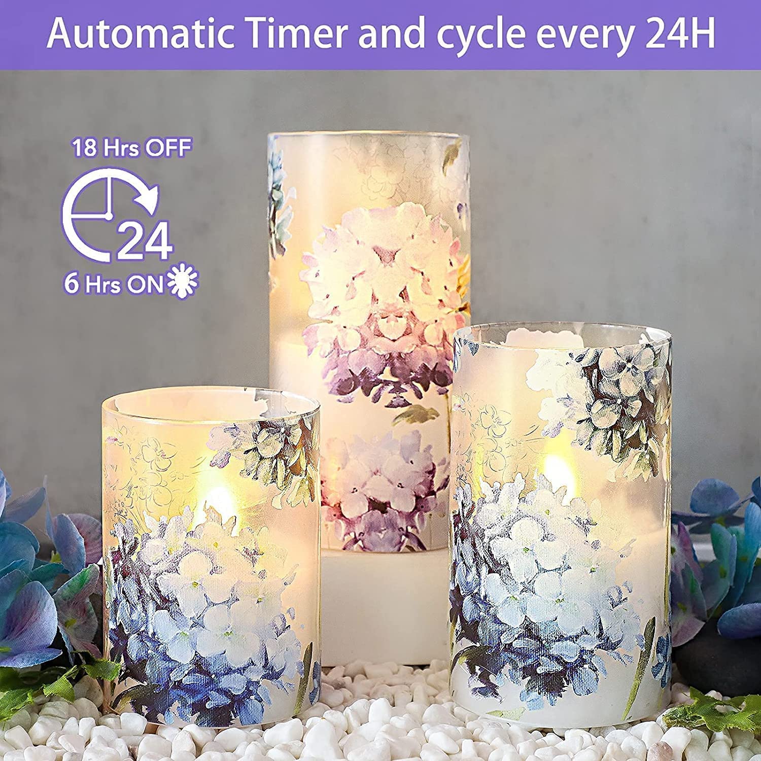 Velas decorativas sin llama, juego de 3 calcomanías de hortensia azul parpadeante con efecto de vidrio, luces de velas con pilas para regalo de Navidad, decoración de boda, hogar