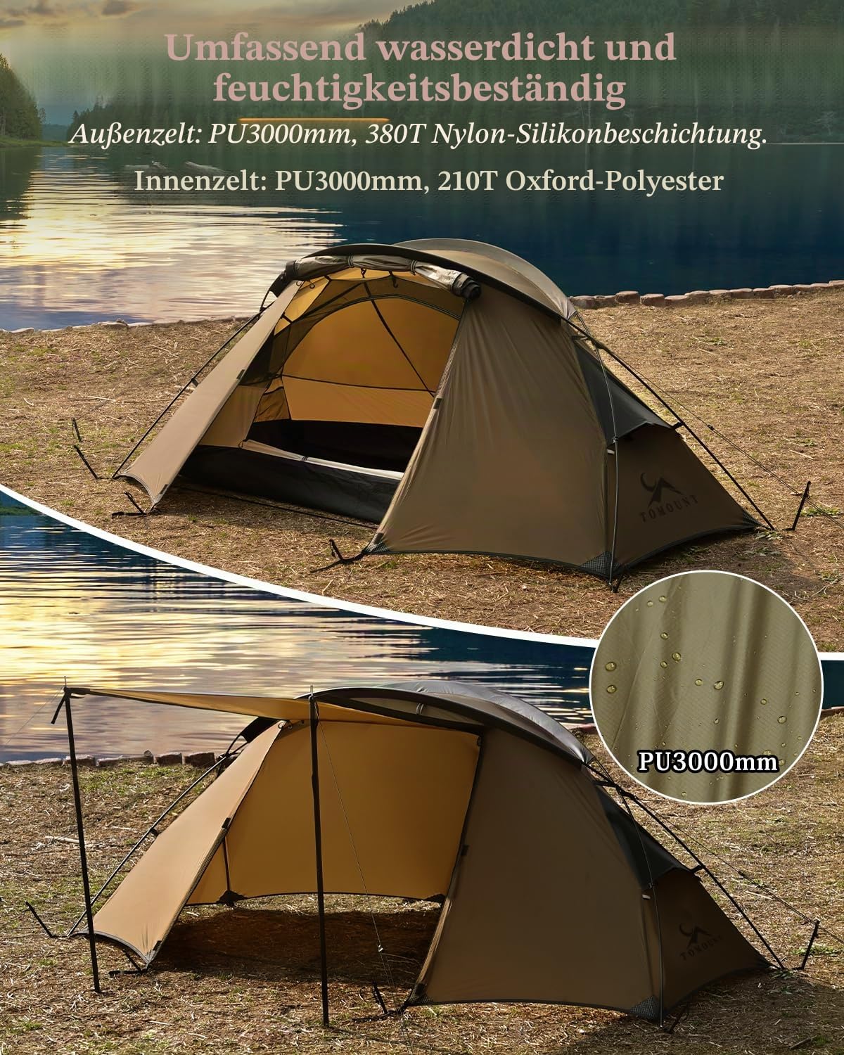 TOMOUNT Zelt Rucksackzelt 1-2 Mann Zelt Wasserdicht Ultraleicht Nylon 1,5kg-2kg für Wandern Camping Outdoor