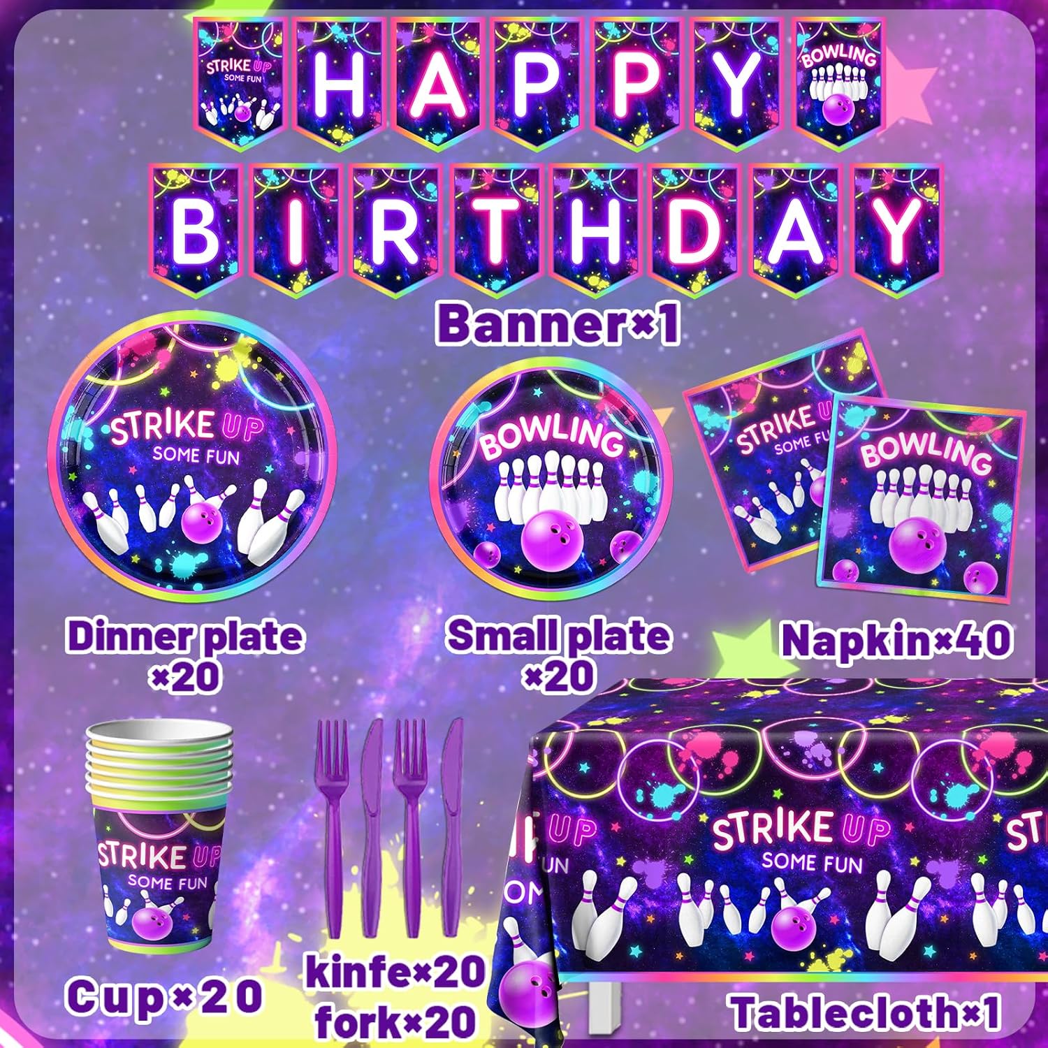 Bowling Birthday Tableware 142Pcs Let's Strike Up Some Fun Bowling Party Decorations Rainbow Neon Glow Girls Birthday Party Favors Disposable Plates,Tablecloth,Napkins,Cups,Forks and Knives