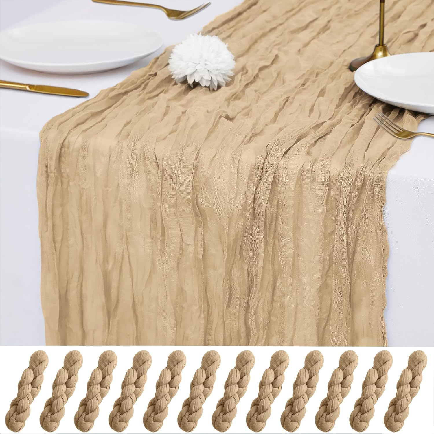 12 Pack Beige Cheesecloth Table Runner 21x120 Inches, Boho Gauze Rustic Semi Sheer Cheese Cloth Table Runners for Easter Spring Wedding Bridal Baby Shower, Birthday Party, Long Farmhouse Table Decor