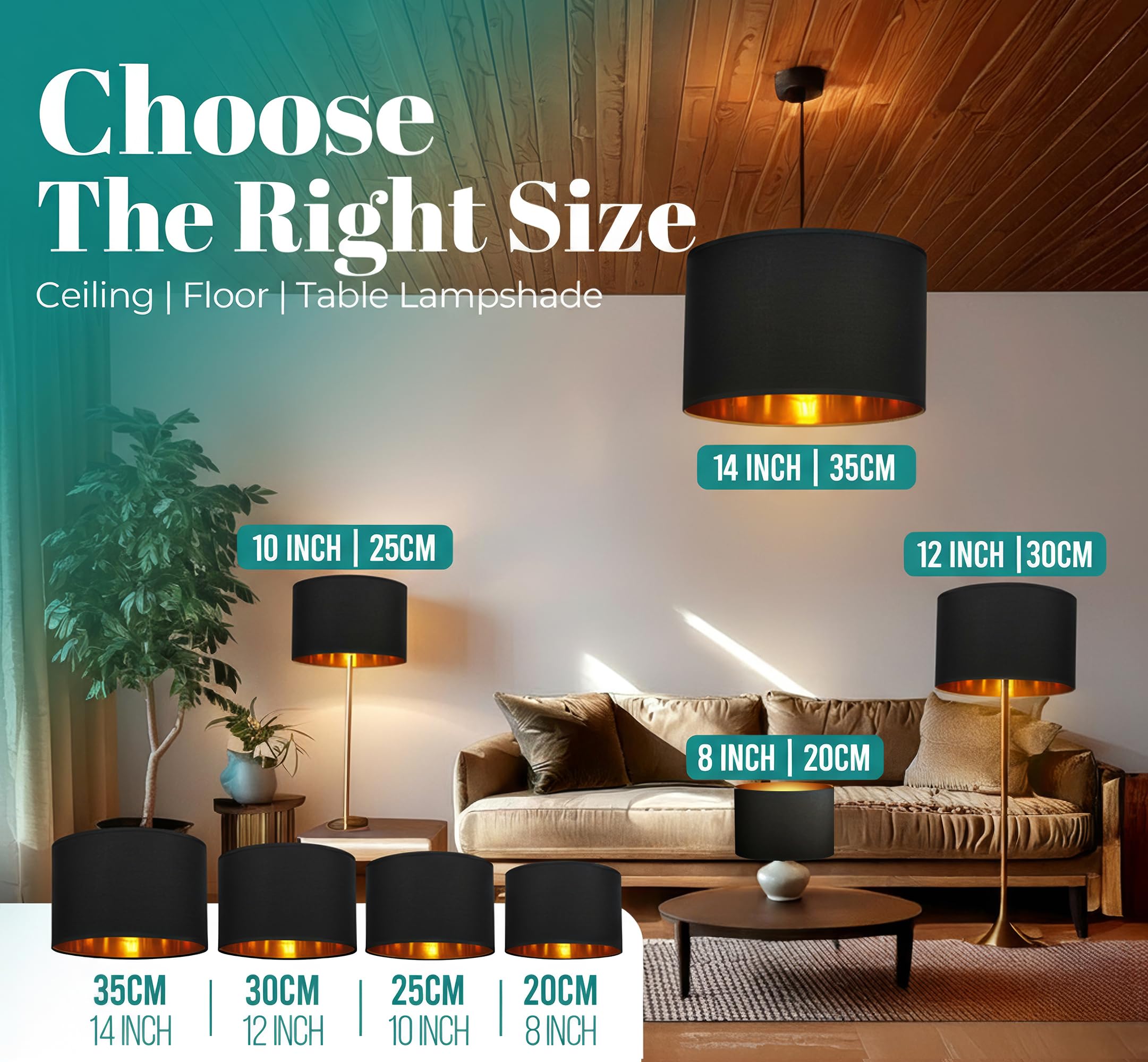 GIGGI Fabric Lamp Shades with Golden Inner, 8" Black Lampshades for Ceiling Lights, Table Lamps & Floor Lamps, Light Shade Ceiling for Living Room, Bedroom, Kitchen, Hallway, Home Décor (Black, 8") — view 3