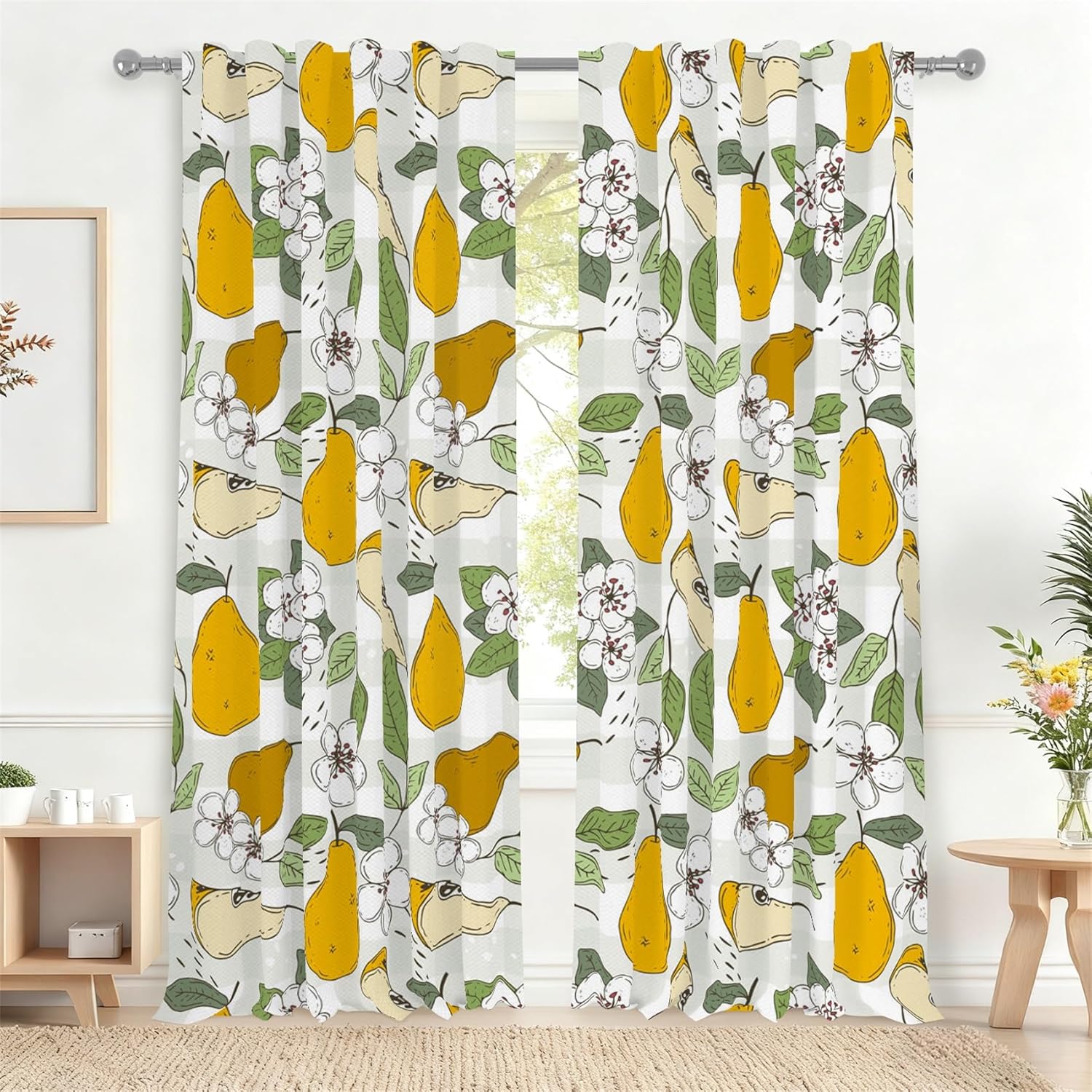 Renaiss 53 x 96 Inch Fruit Pears Curtains for Baby Nursery Room Kids Bedroom Pear Flower Plaid Check Window Treatment Fruit Theme Cafeteria Dining Room Decor Curtain Rod Pocket Window Drapes 2 Panels