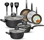 Nutrichef Pots sans bâton & Ensemble de casseroles - Vaisselle de cuisine élégante, Induction sûre, Est à nettoyer, Revêtement nonick, 12 Pièce - Couleur du café à l'extérieur & Couleur brune à l'intérieur