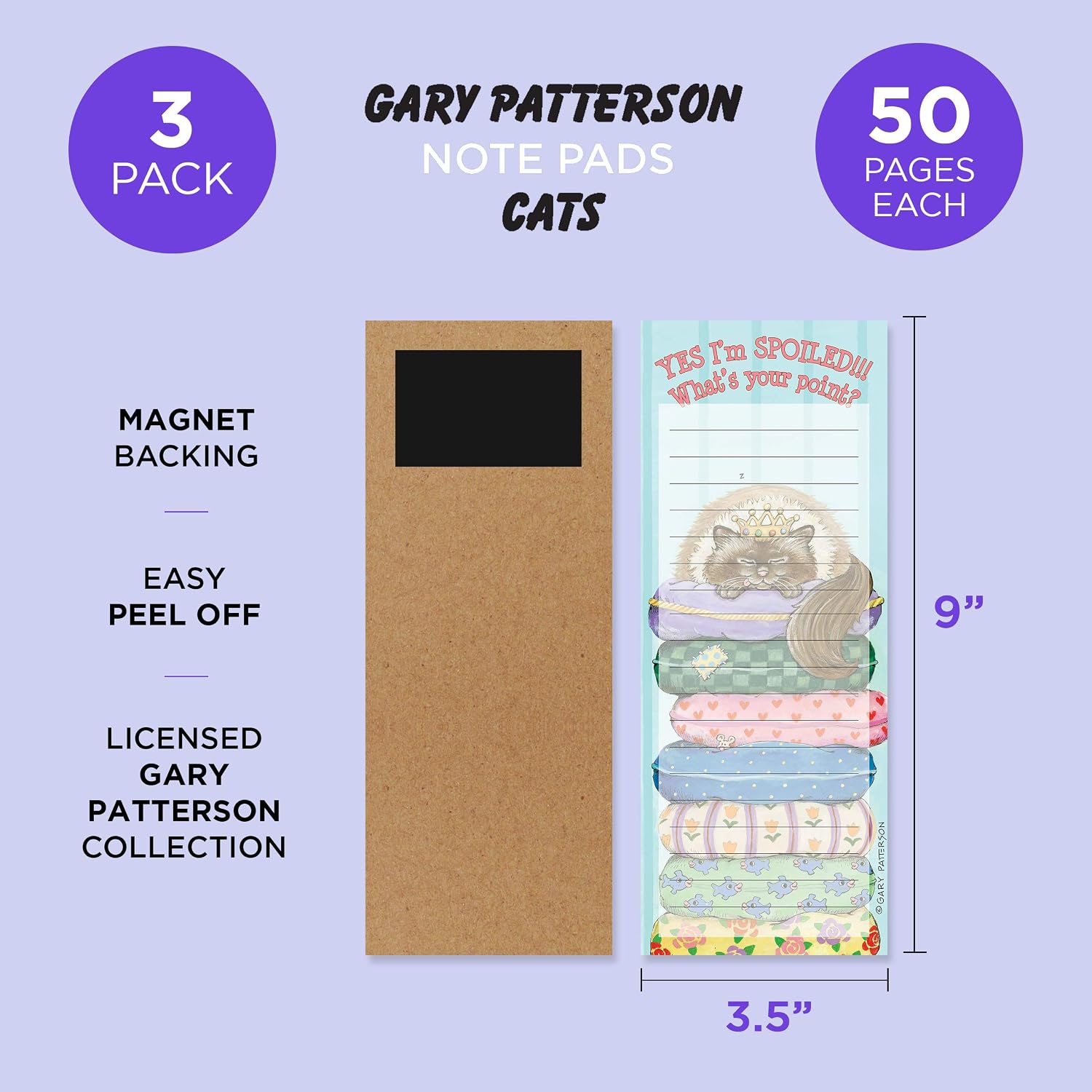 Gary Patterson Magnetic Notepad by Bright Day - Cat Grocery List Magnet Pad for Fridge - 50 Sheets Per Memo Pad, 3.5 x 9 Inches (Cat 3 Pack)