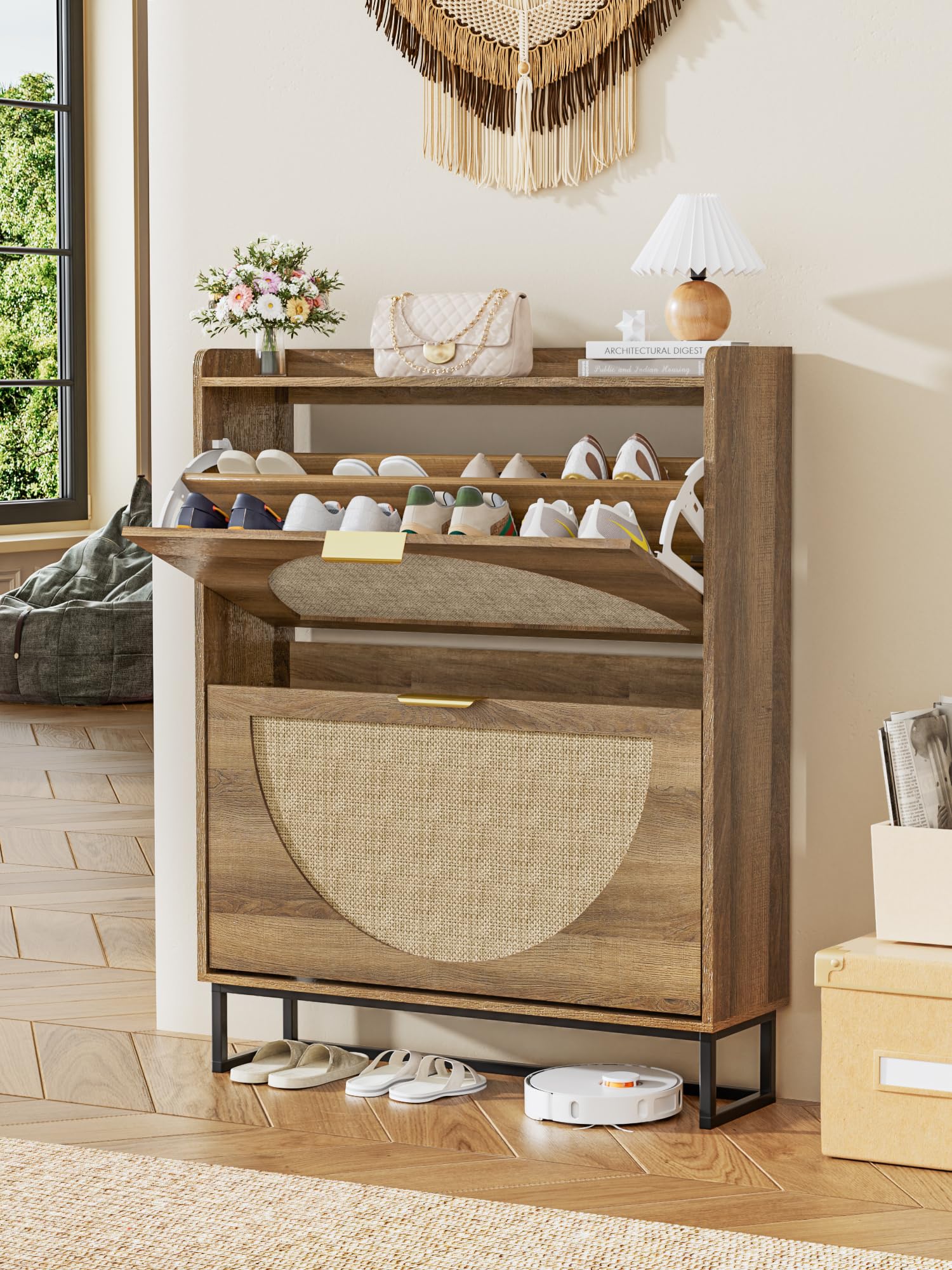 BonVache Rattan Schuhschrank Schmal, Boho Schuhkipper Holz mit 2 Klappen & Verstellbar, Platzsparendes Schuhregal Schuhaufbewahrung für Eingang & Wohnzimmer, 80x24x102 cm