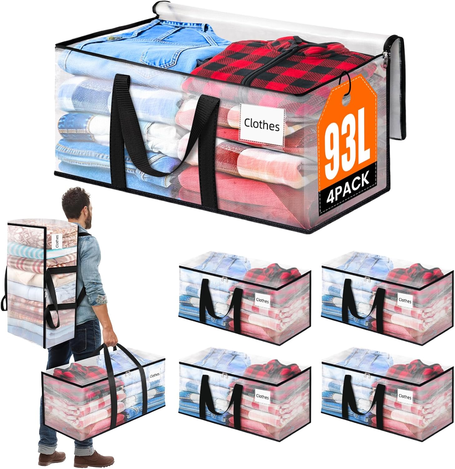 BlissTotes 8-Pack Large Moving Bags with Backpack Straps & Strong Zippers, Heavy-Duty Storage Bags Moving Boxes for Space Saving, Dorms, Transport, 125L-30 Gallons, Clear