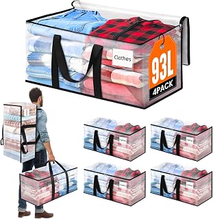 BlissTotes 4-Pack Large Moving Bags with Backpack Straps & Strong Zippers, Heavy-Duty Storage Bags Moving Boxes for Space Saving, Dorms, Transport, 93L-25 Gallons, Clear