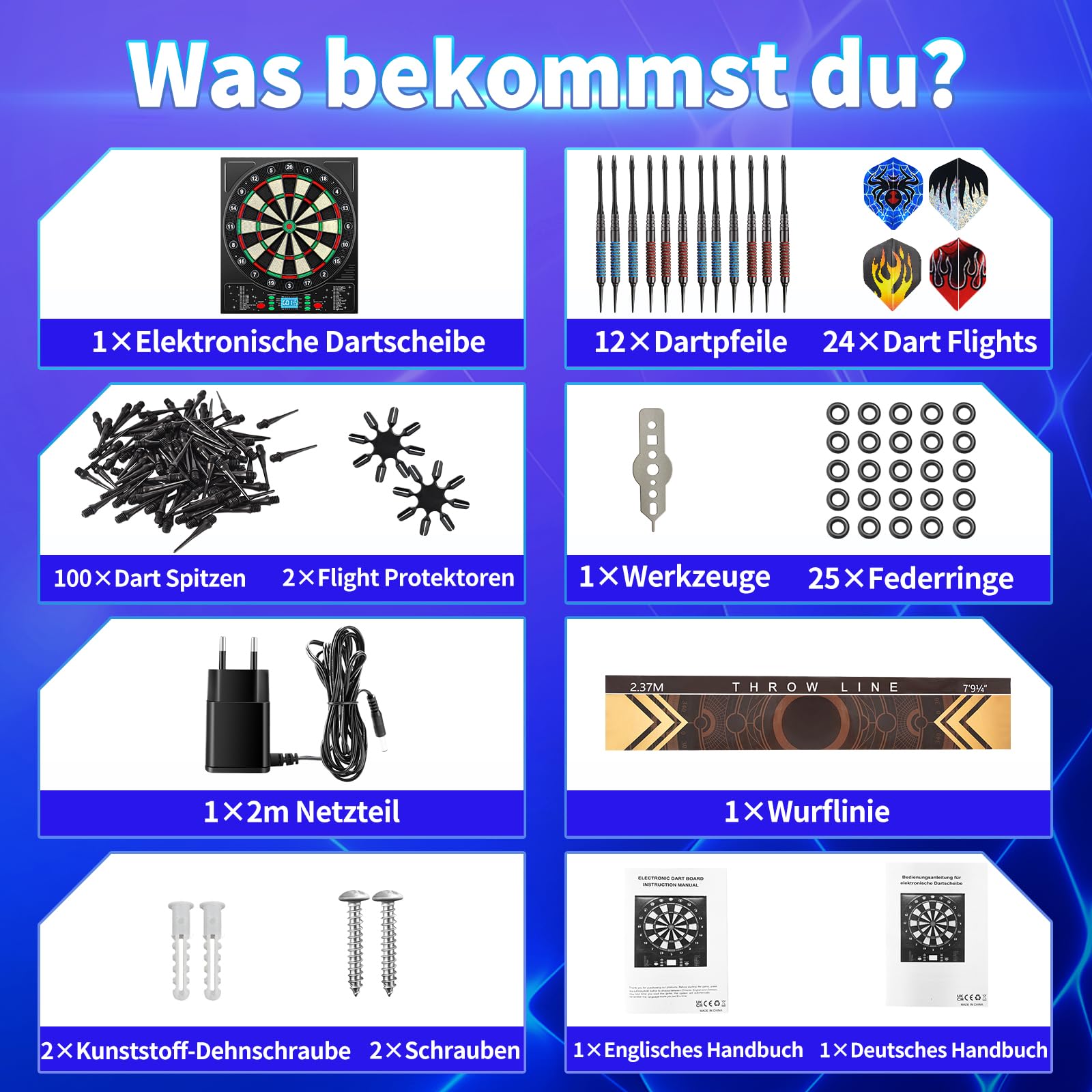 Dartscheibe Elektronisch Profi mit Deutsche Stimme&12 Dartpfeil, Elektronische Dartscheibe mit LCD-Bildschirm, 34 Spiele&355 Variationen, E Dartscheibe Elektronische Dartboard für 1-8 Spieler