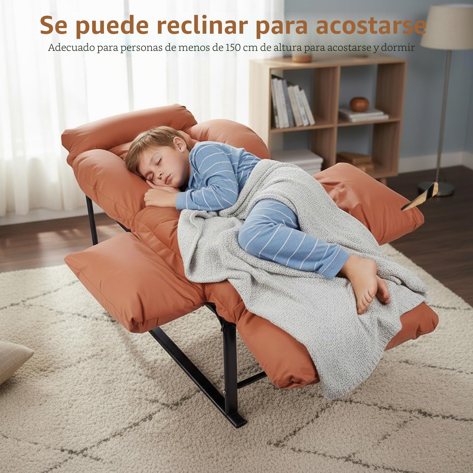 Sillón Relax, Respaldo Reclinable 90°-180°, Estructura de Metal, Hasta 150kg, para Dormitorio Infantil, Dormitorio, Salón, Balcón, Naranja