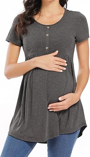 POSHGLAM Camisetas de maternidad para mujer cuello redondo fruncidas ropa de embarazo con botones A01 Manga Corta Borgoña, A02 Manga Corta Negro,