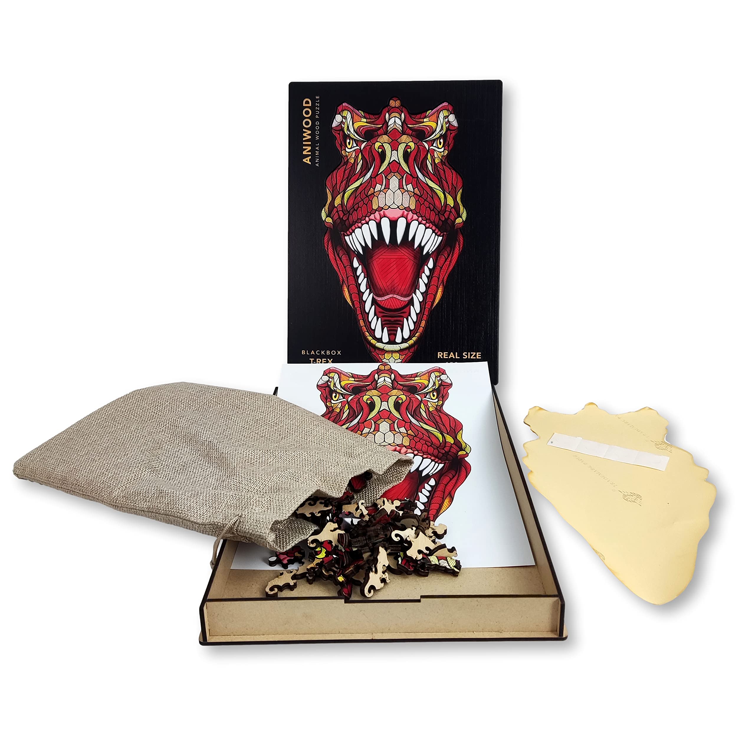 ANIWOOD Holzpuzzle Erwachsene Tieren. Gestanzter Deckel, Lebensgroße Puzzle-Box. 3 Schwierigkeitsmodi, dekoratives Element. Einzigartige Puzzleteile (T-Rex, L)